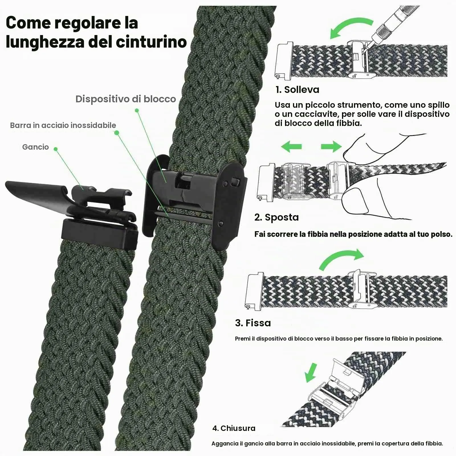 WOCCI 20mm Intrecciato Nylon Cinturino per Orologio da Uomo e da Donna, Regolabile Fibbia Nera (Verde Kaki) - immagine 5