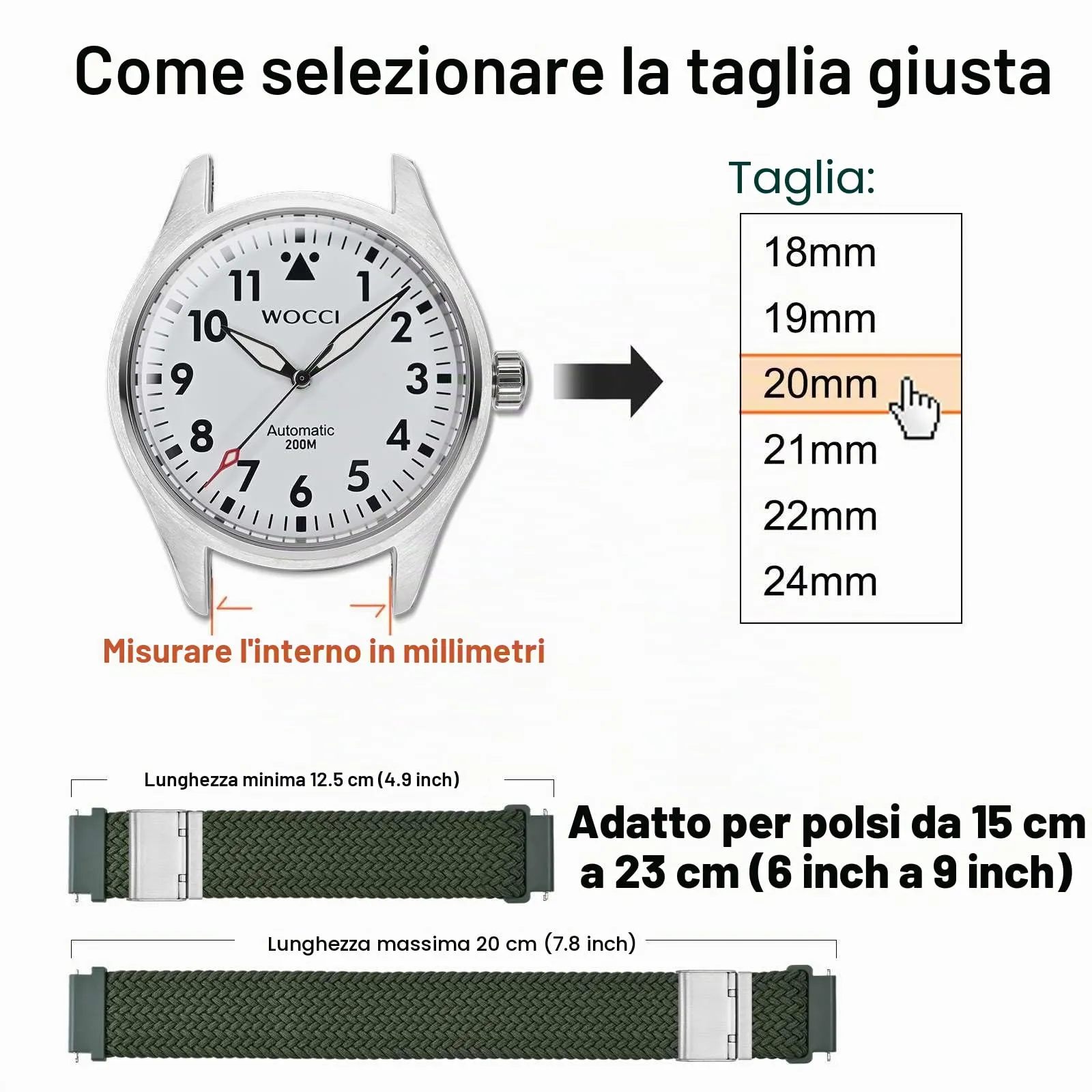 WOCCI 18mm Intrecciato Nylon Cinturino per Orologio da Uomo e da Donna, Regolabile Fibbia Argento (Verde Kaki) - immagine 4