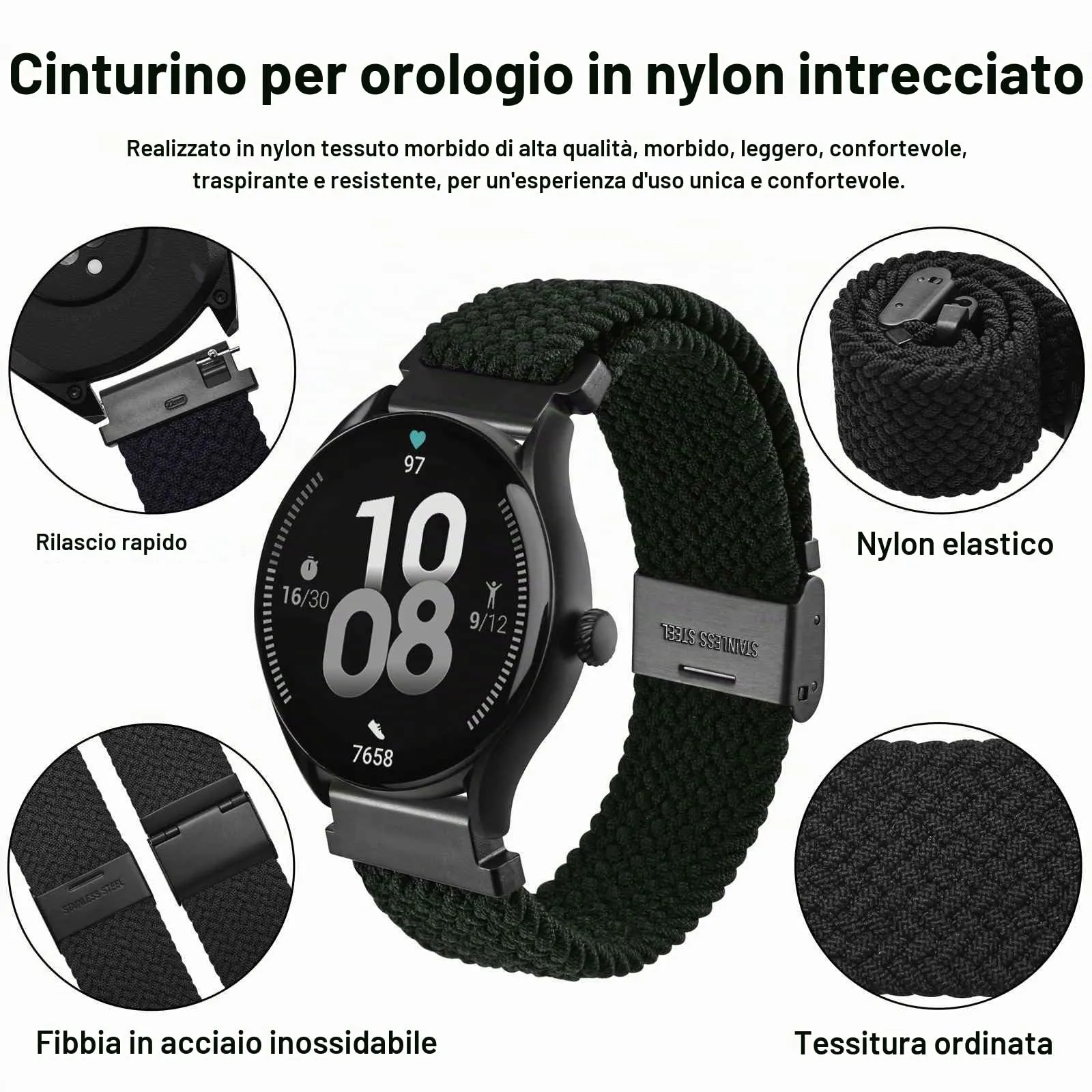 WOCCI 24mm Intrecciato Nylon Cinturino per Orologio da Uomo e da Donna, Regolabile Fibbia Nera (Nero) - immagine 3