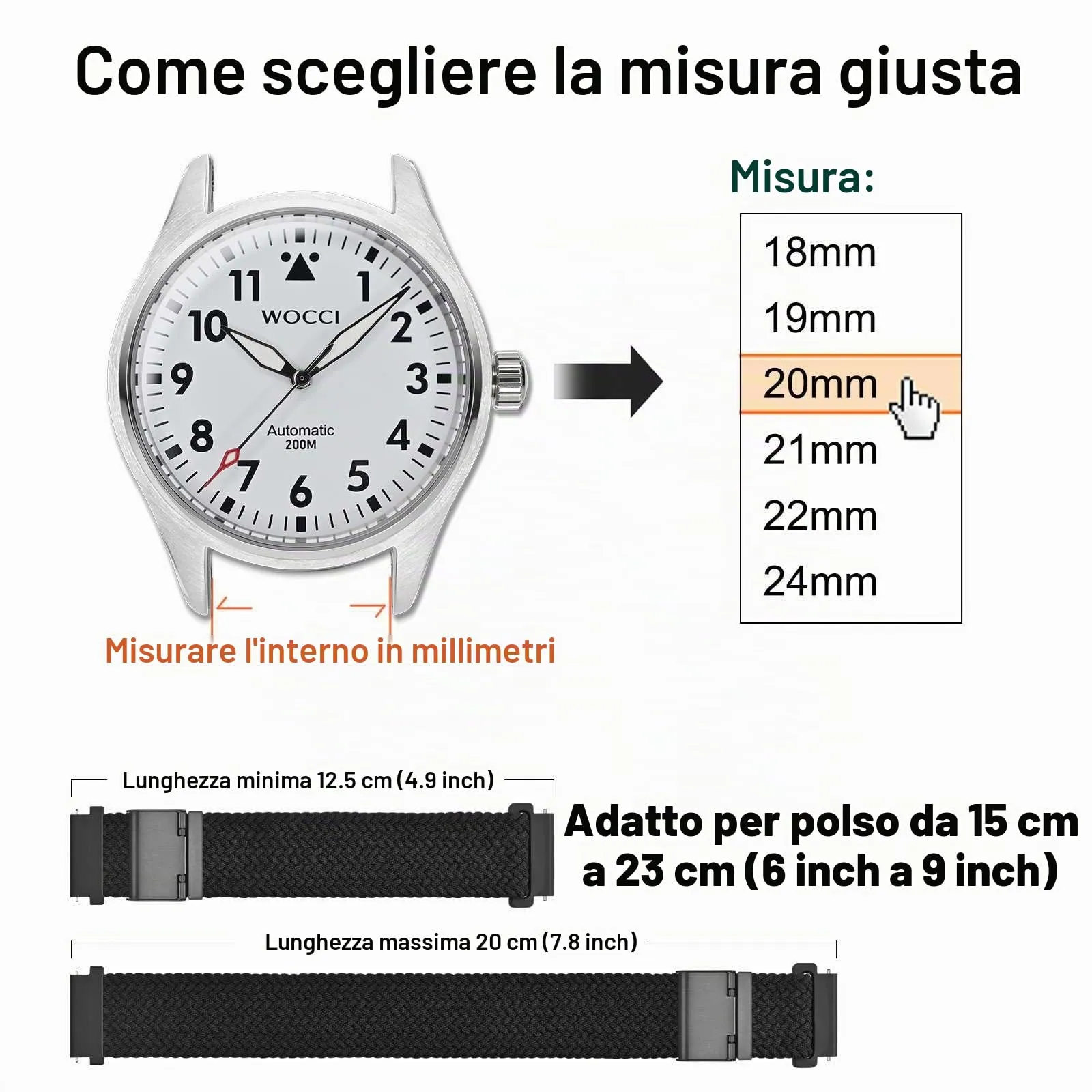 WOCCI 24mm Intrecciato Nylon Cinturino per Orologio da Uomo e da Donna, Regolabile Fibbia Nera (Nero) - immagine 4