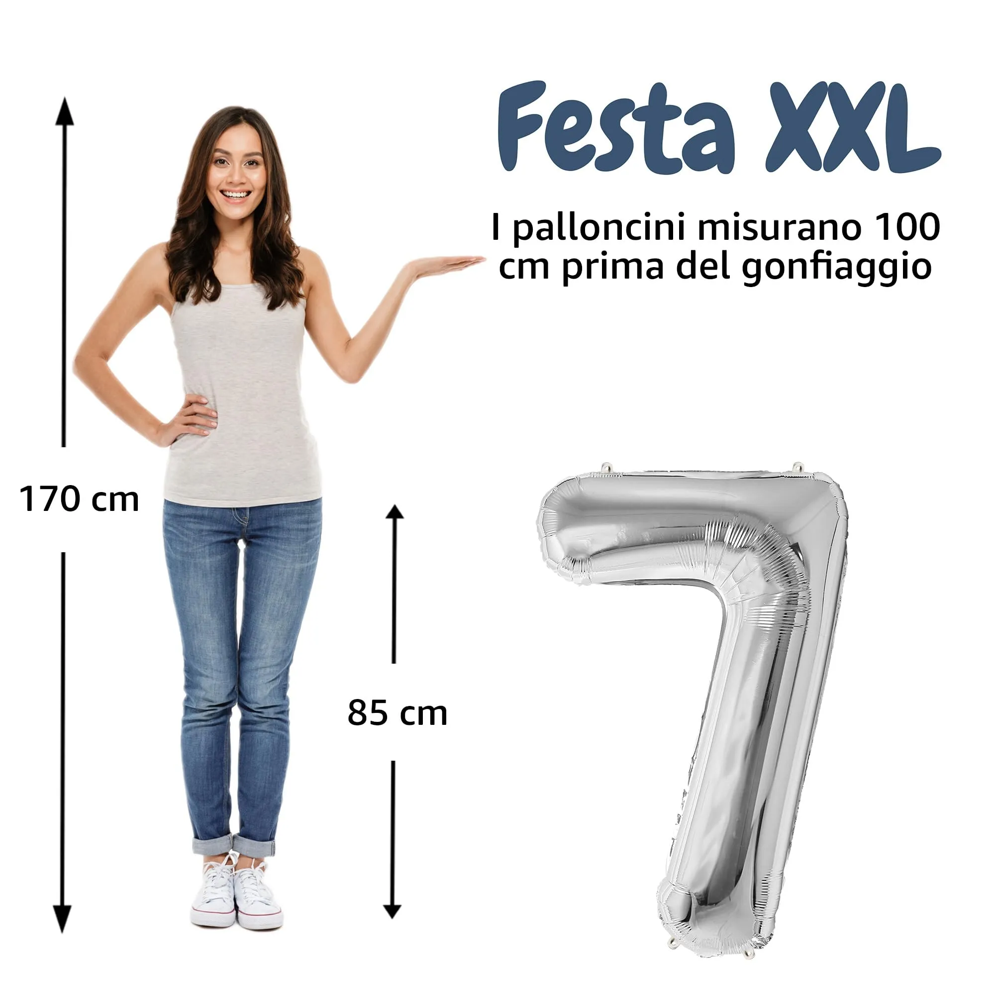 FUNFEST Palloncino Numero 7 Argento 100cm – Decorazione Compleanno Metallizzata – Elio o Aria - immagine 2