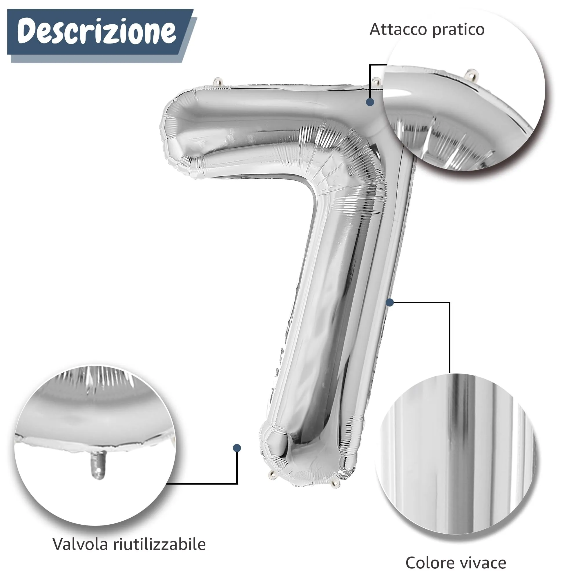 FUNFEST Palloncino Numero 7 Argento 100cm – Decorazione Compleanno Metallizzata – Elio o Aria - immagine 6