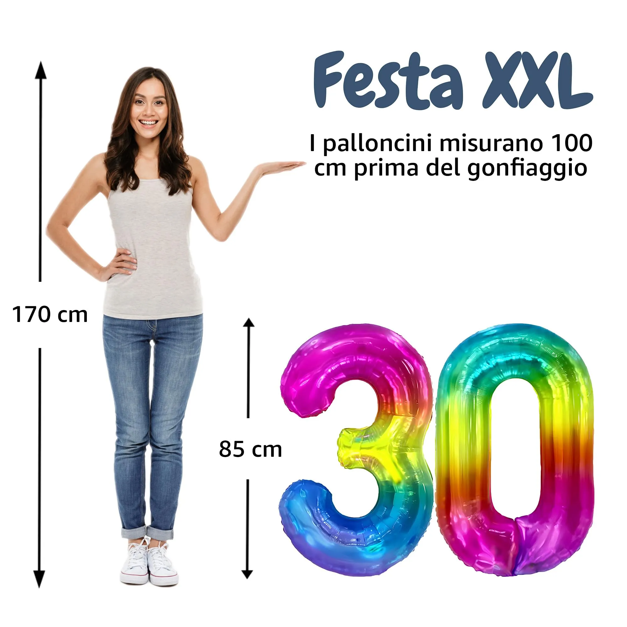 FUNFEST Palloncini 30° Compleanno Arcobaleno Giganti 100cm - immagine 2