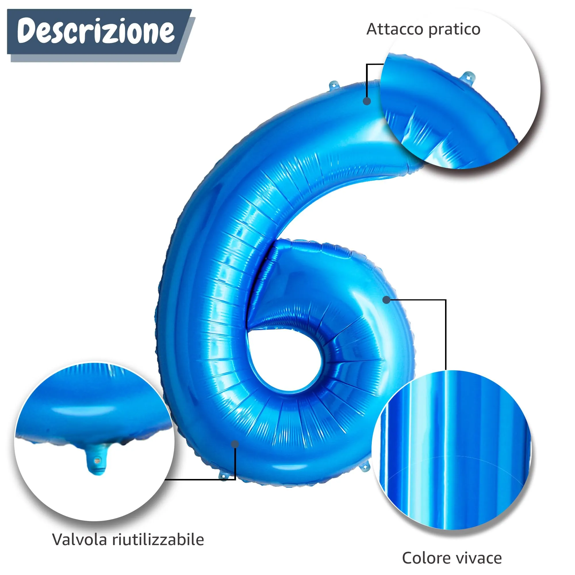 FUNFEST Palloncino Numero 6 Blu 100cm – Decorazione Compleanno Ragazzo – Elio o Aria - immagine 6