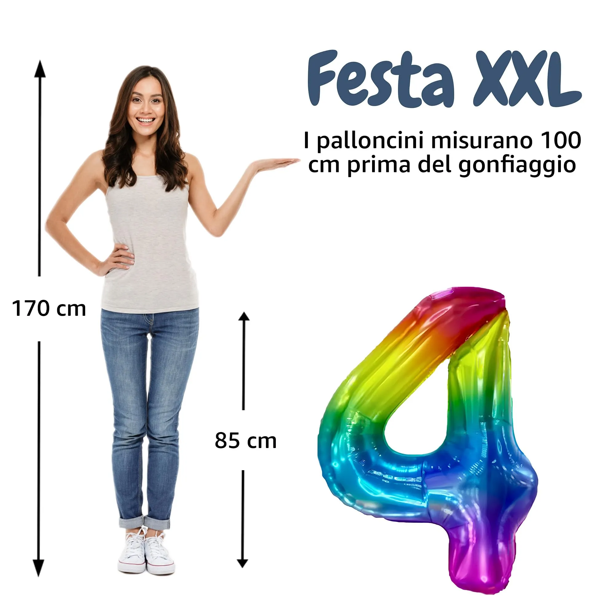 FUNFEST Palloncino Numero 4 Arcobaleno Gigante 100cm - immagine 2