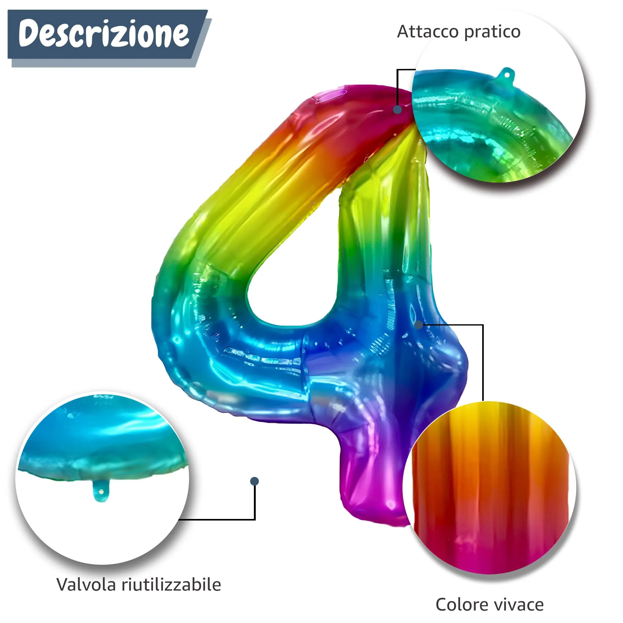 FUNFEST Palloncino Numero 4 Arcobaleno Gigante 100cm - immagine 6