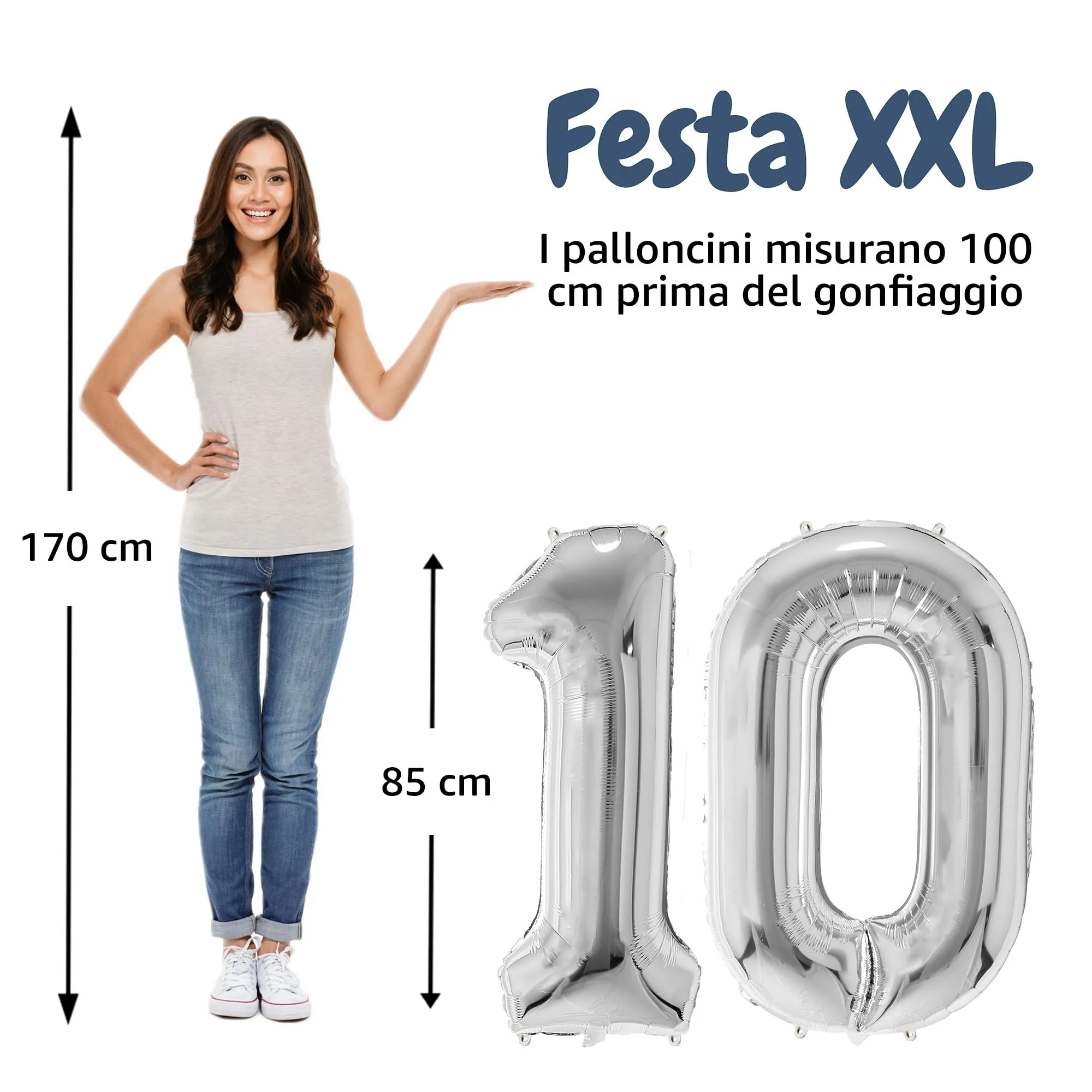 FUNFEST Palloncini 10° Compleanno Argento Giganti 100cm - immagine 2