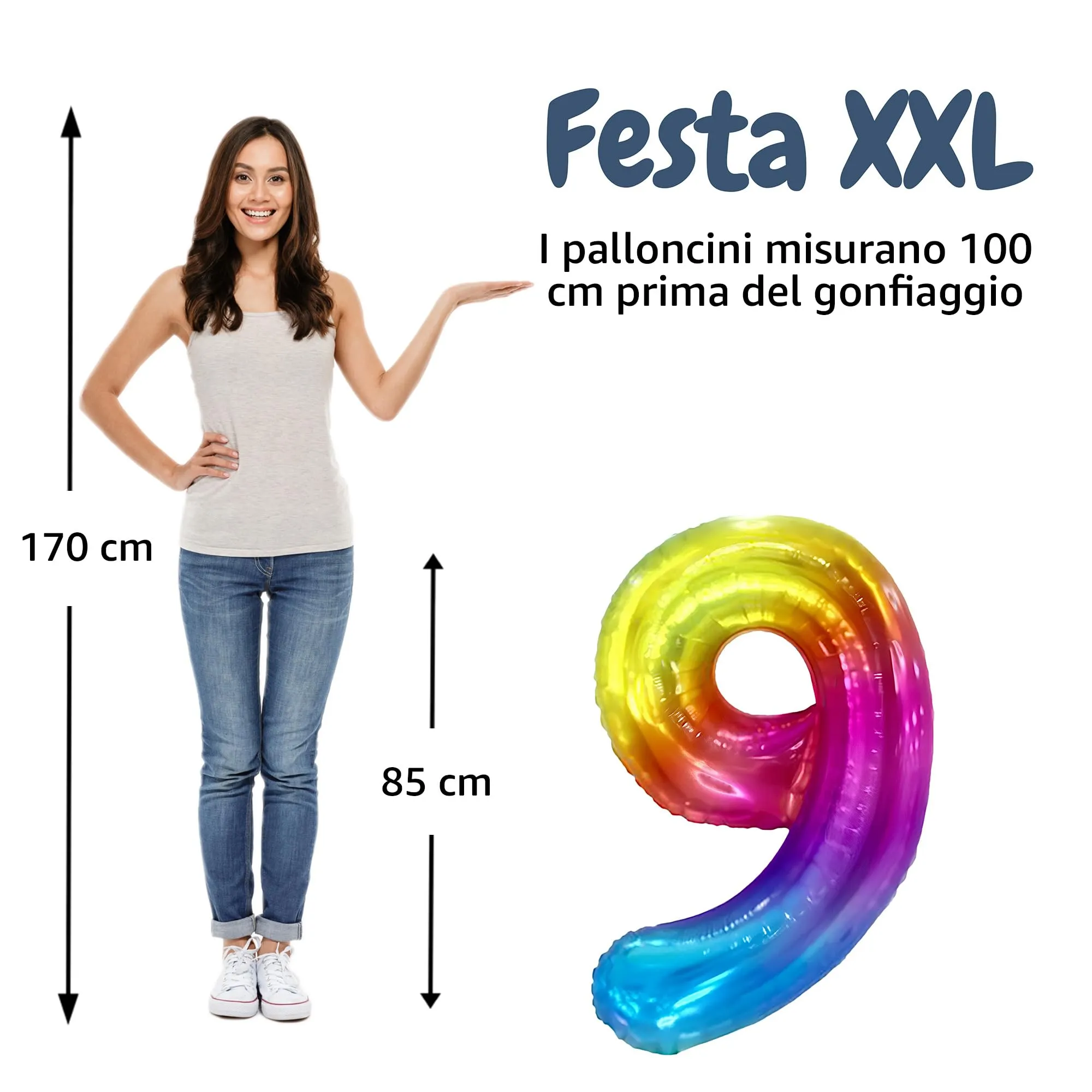 FUNFEST Palloncino Numero 9 Arcobaleno 100cm – Decorazione Compleanno Gigante – Elio o Aria - immagine 2
