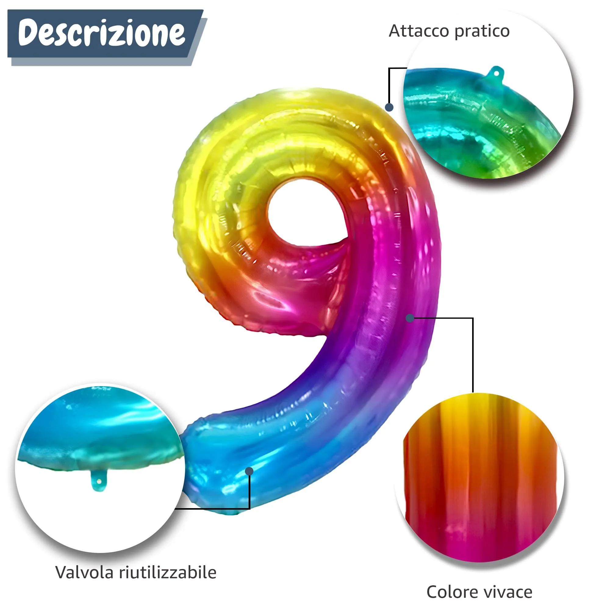 FUNFEST Palloncino Numero 9 Arcobaleno 100cm – Decorazione Compleanno Gigante – Elio o Aria - immagine 6