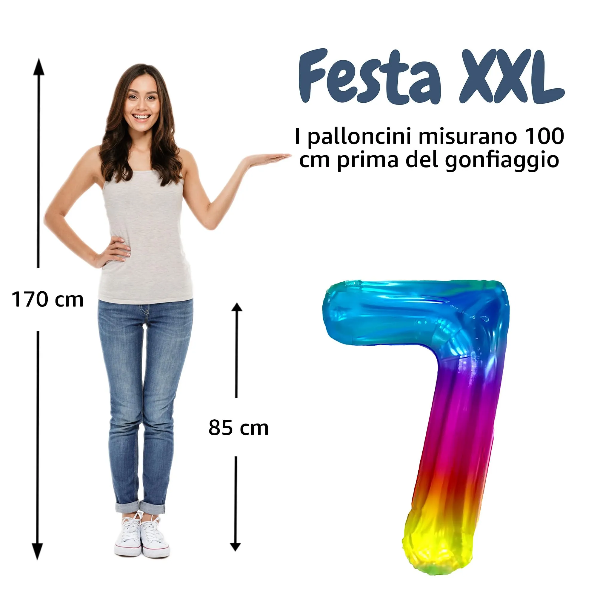 FUNFEST Palloncino Numero 7 Arcobaleno 100cm – Decorazione Compleanno Gigante – Elio o Aria - immagine 2