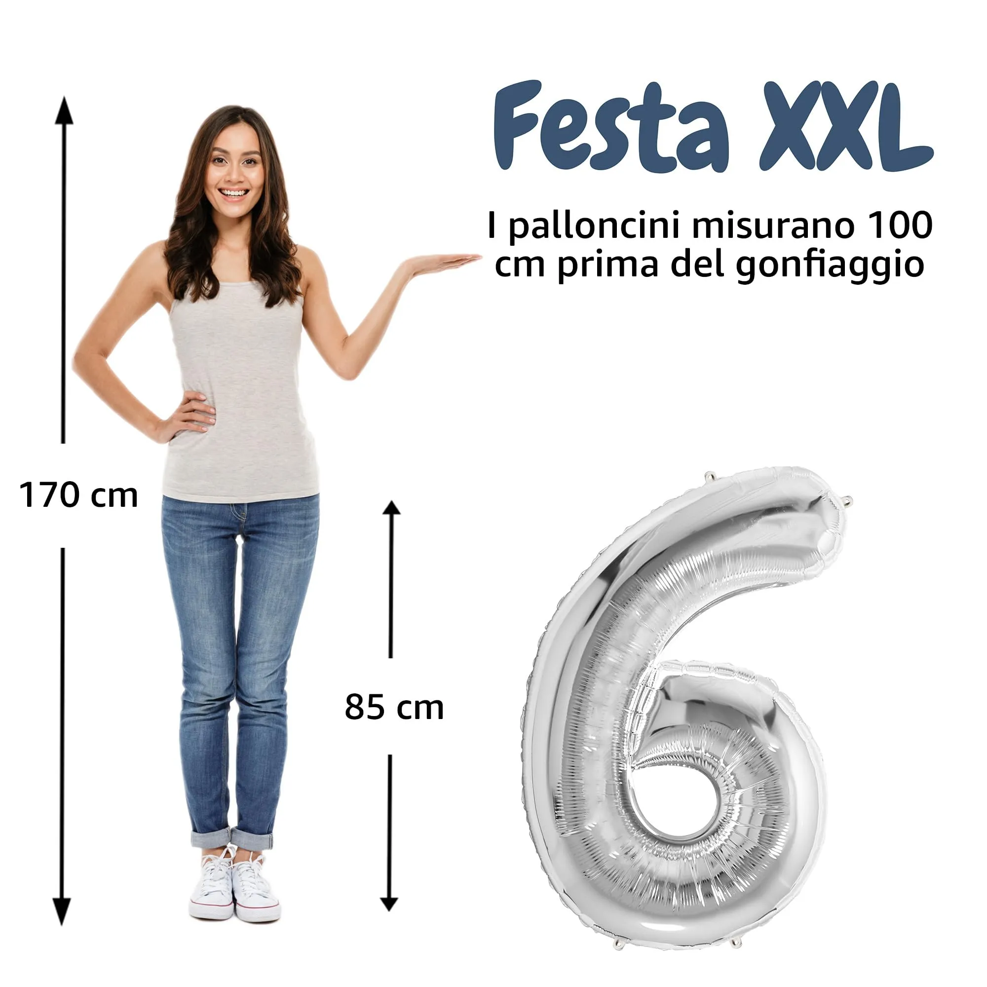 FUNFEST Palloncino Numero 6 Argento 100cm – Decorazione Compleanno Metallizzata – Elio o Aria - immagine 2