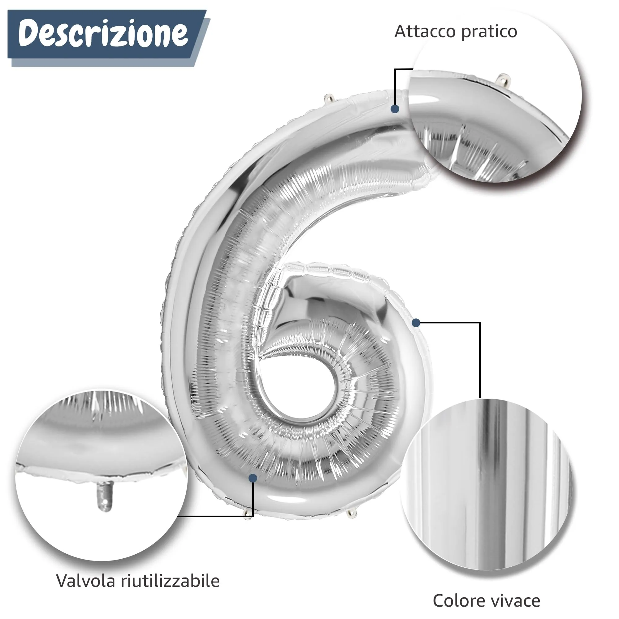 FUNFEST Palloncino Numero 6 Argento 100cm – Decorazione Compleanno Metallizzata – Elio o Aria - immagine 6