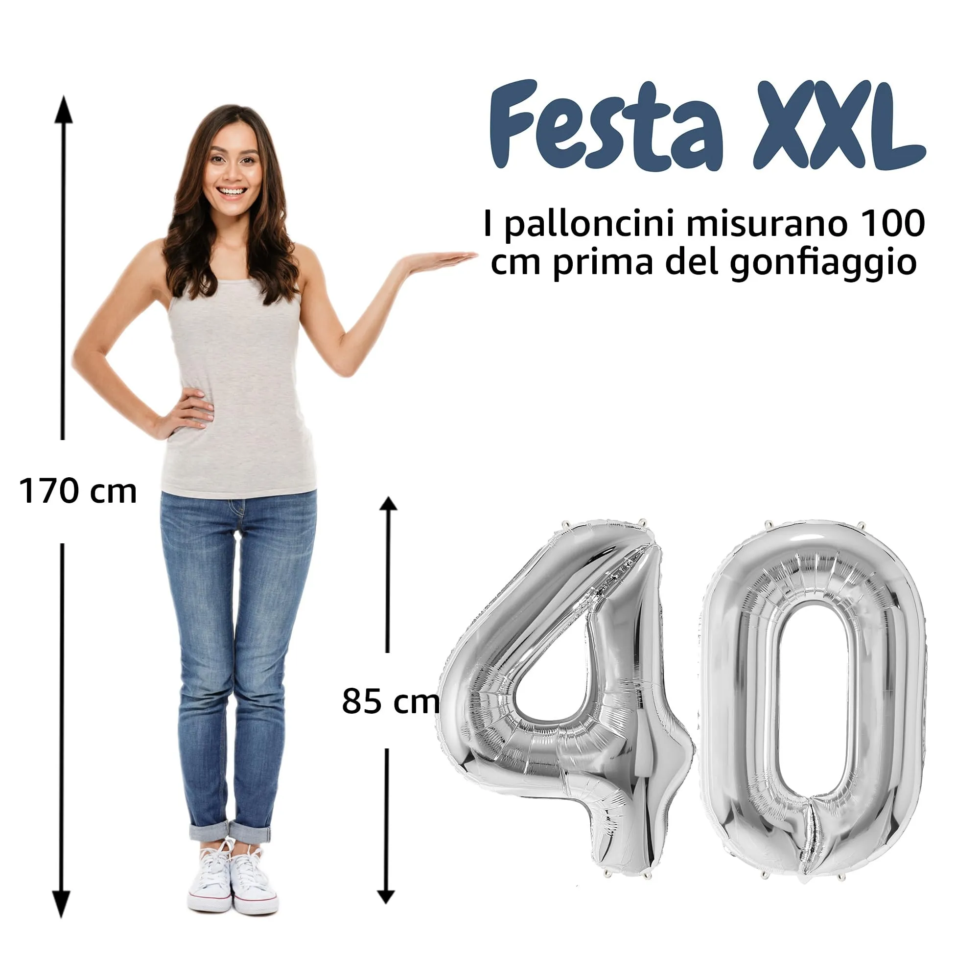 FUNFEST Palloncini 40° Compleanno Argento Giganti 100cm - immagine 2