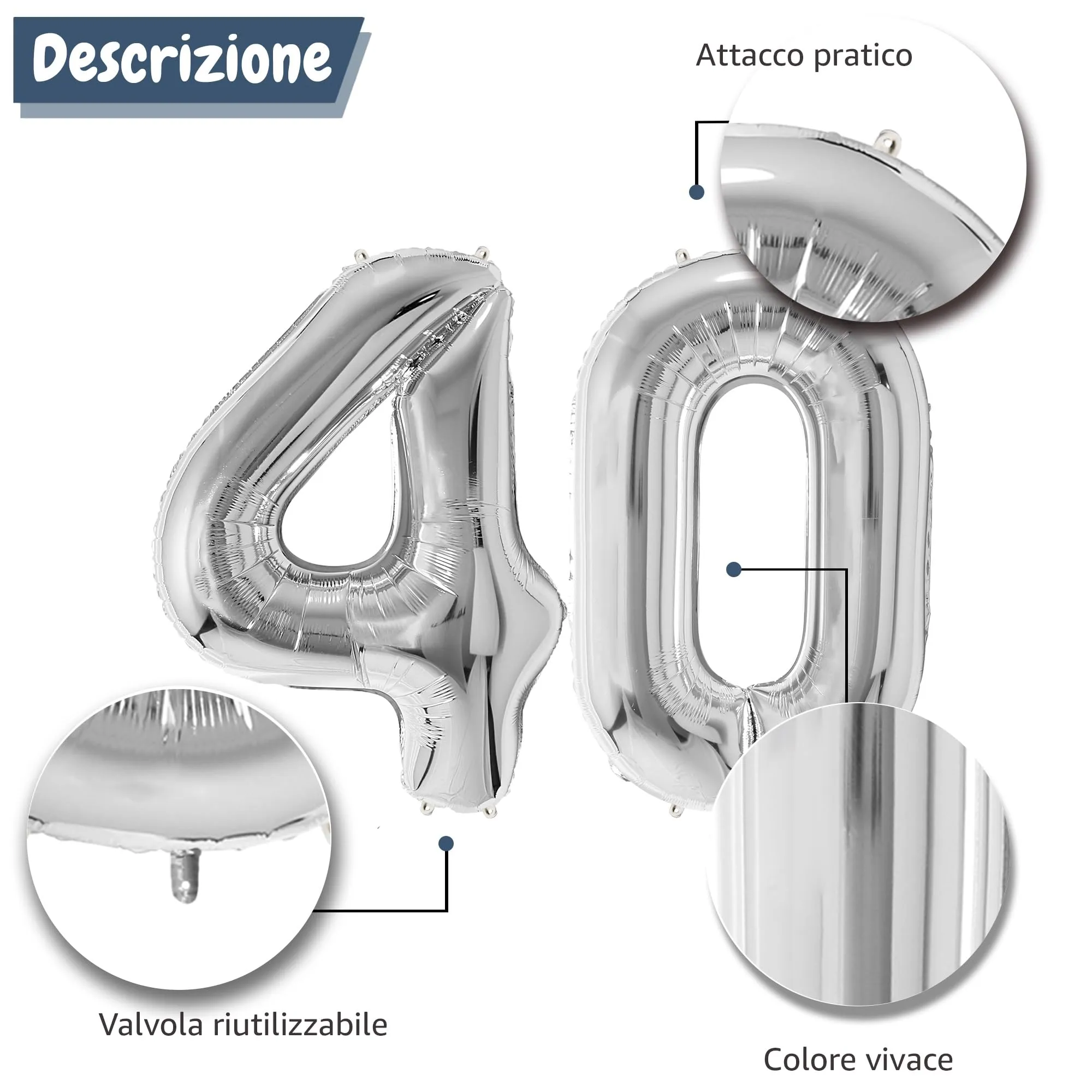 FUNFEST Palloncini 40° Compleanno Argento Giganti 100cm - immagine 6