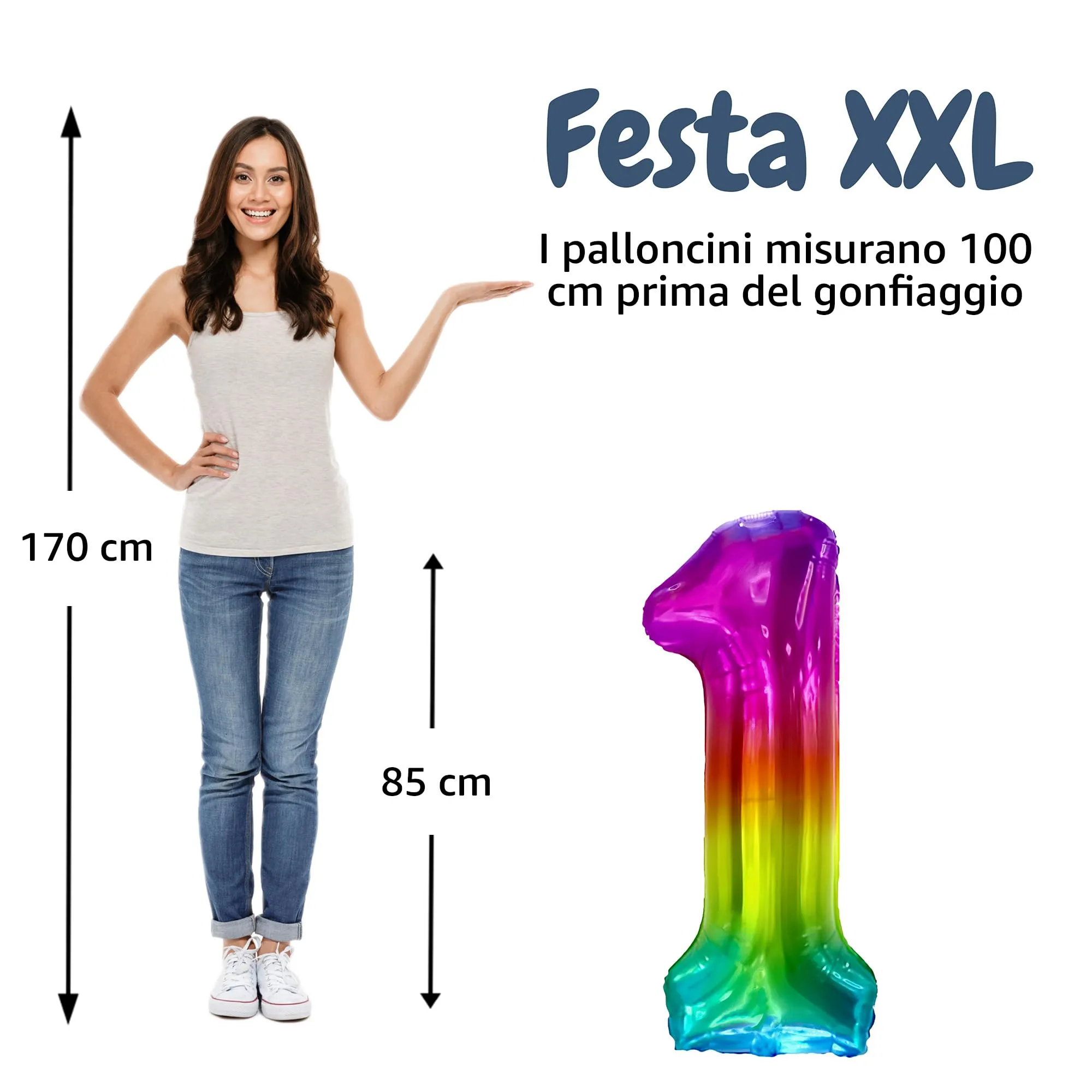 FUNFEST Palloncino Numero 1 Arcobaleno Gigante 100cm - immagine 2