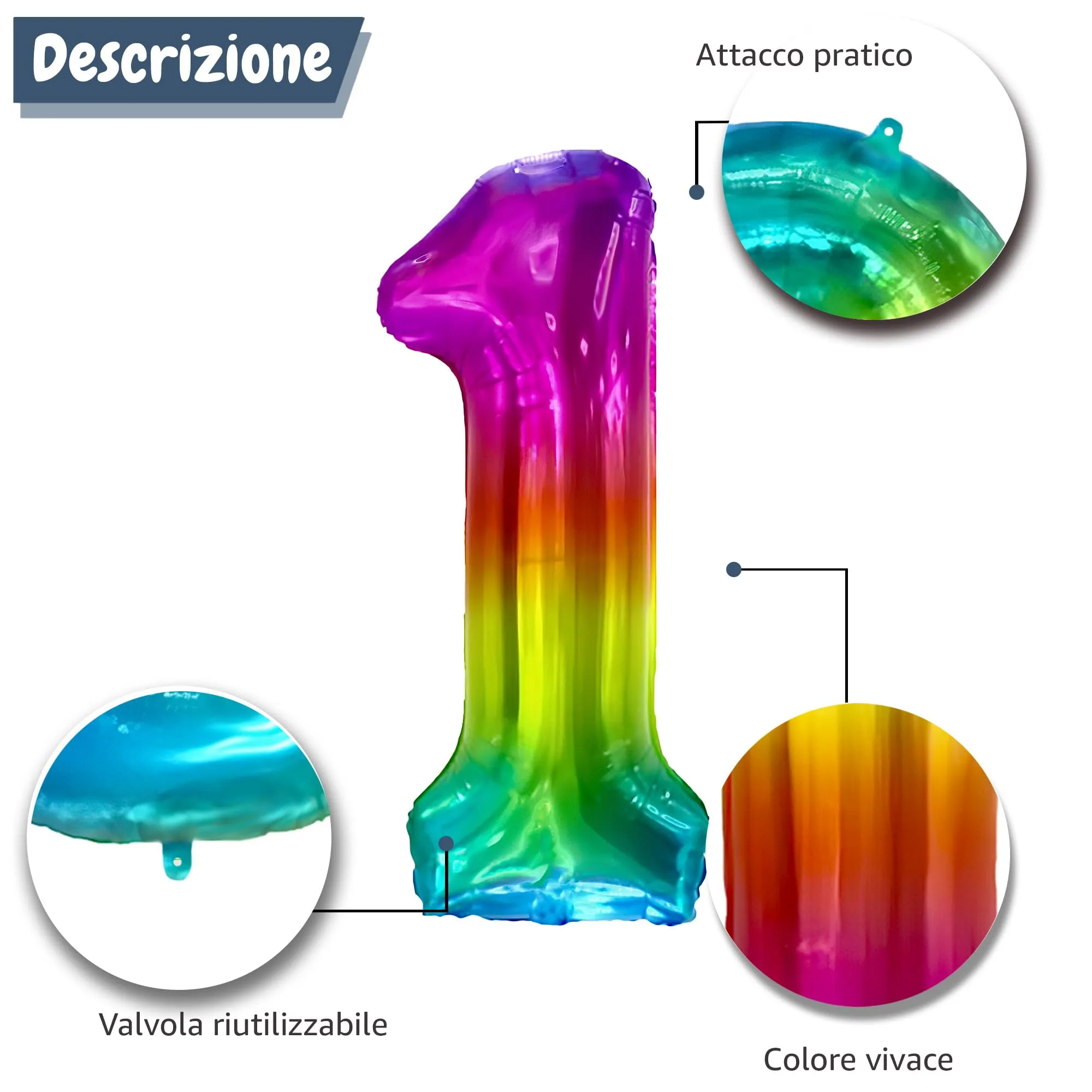 FUNFEST Palloncino Numero 1 Arcobaleno Gigante 100cm - immagine 6