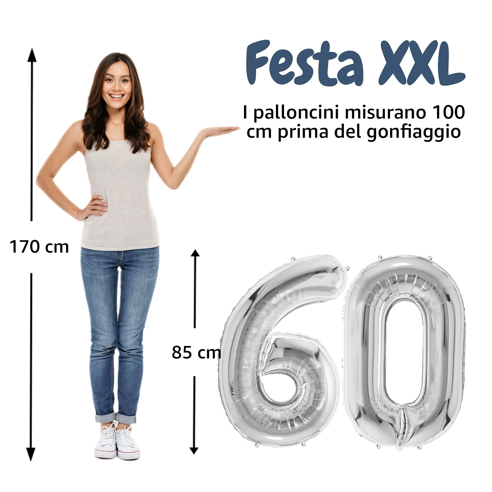 FUNFEST Palloncini 60° Compleanno Argento Giganti 100cm - immagine 2