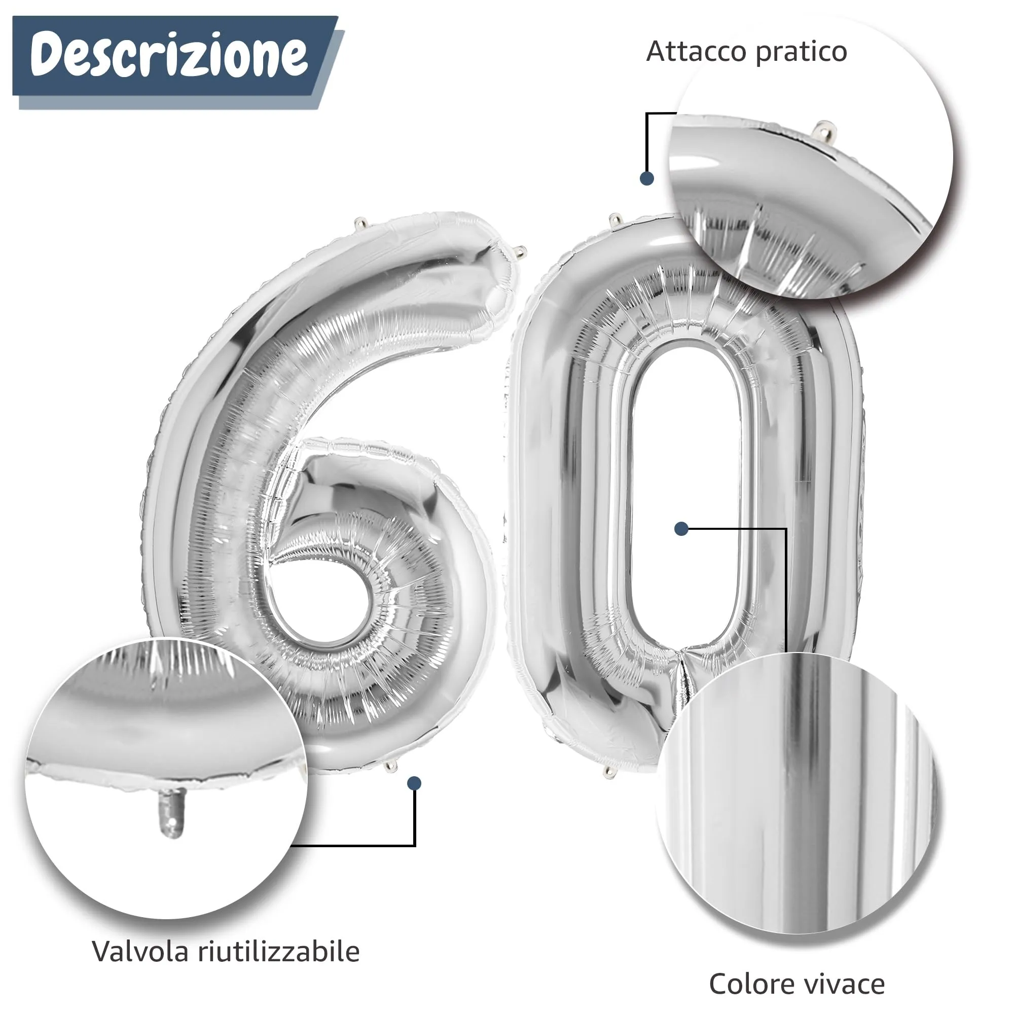 FUNFEST Palloncini 60° Compleanno Argento Giganti 100cm - immagine 6