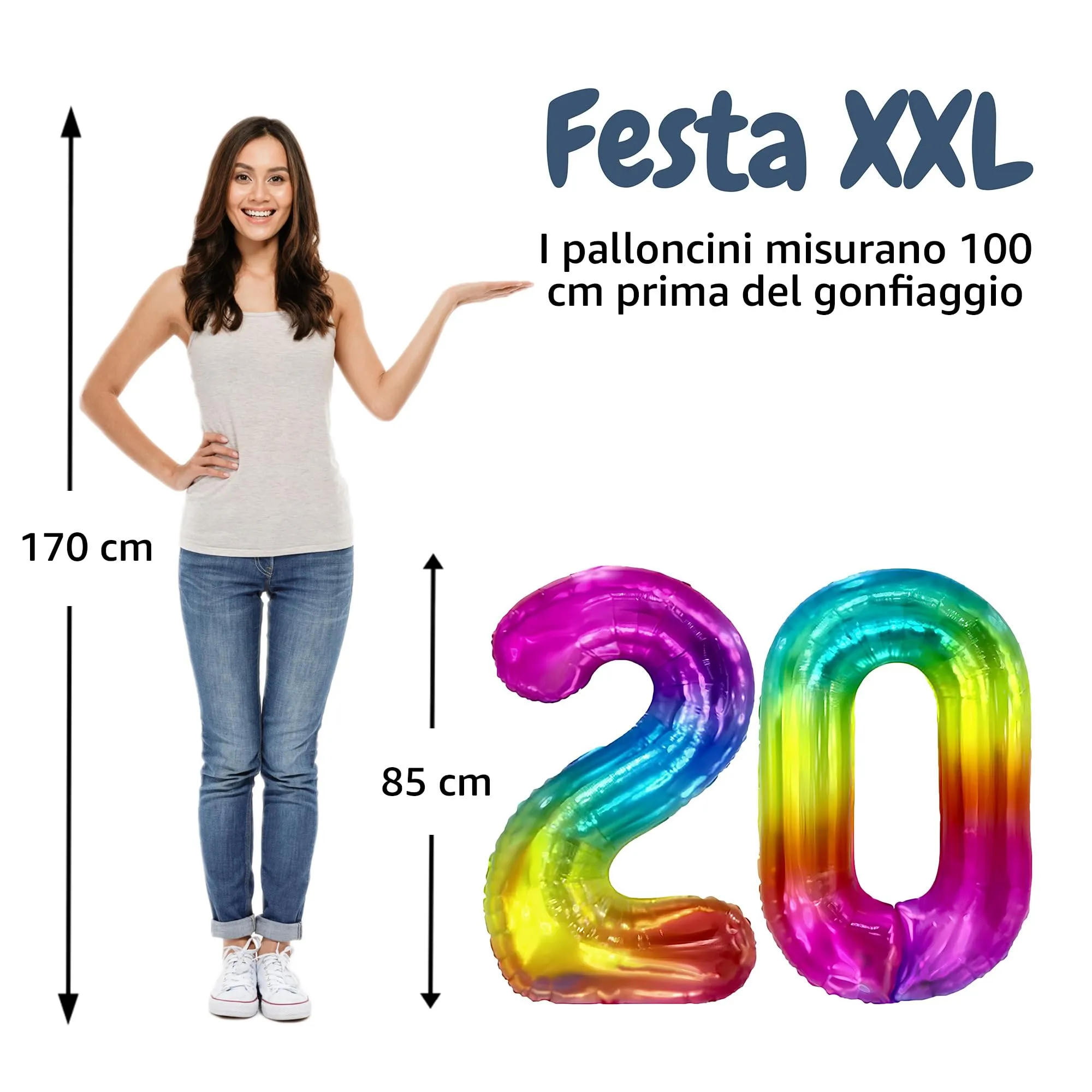 FUNFEST Palloncini 20° Compleanno Arcobaleno Giganti 100cm - immagine 2
