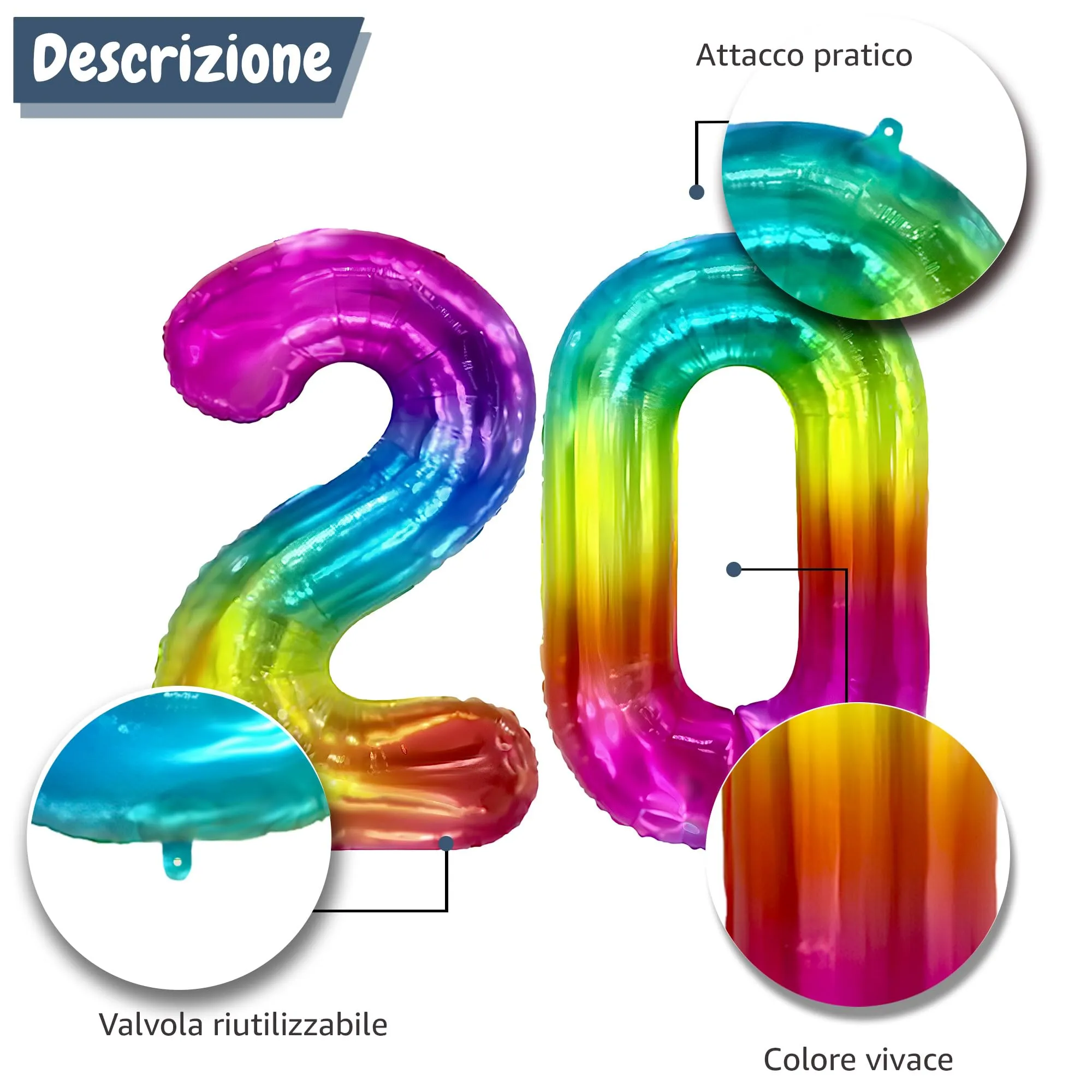 FUNFEST Palloncini 20° Compleanno Arcobaleno Giganti 100cm - immagine 6