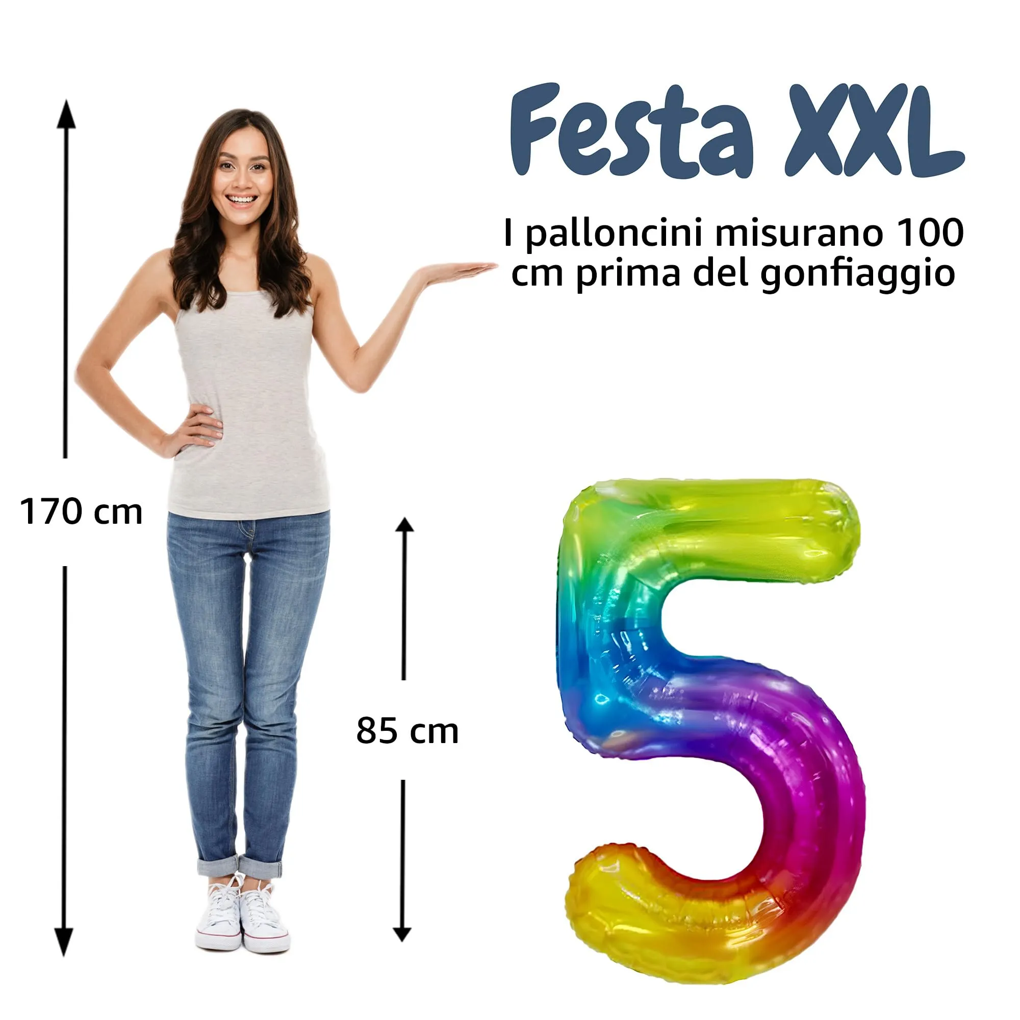 FUNFEST Palloncino Numero 5 Arcobaleno Gigante 100cm - immagine 2
