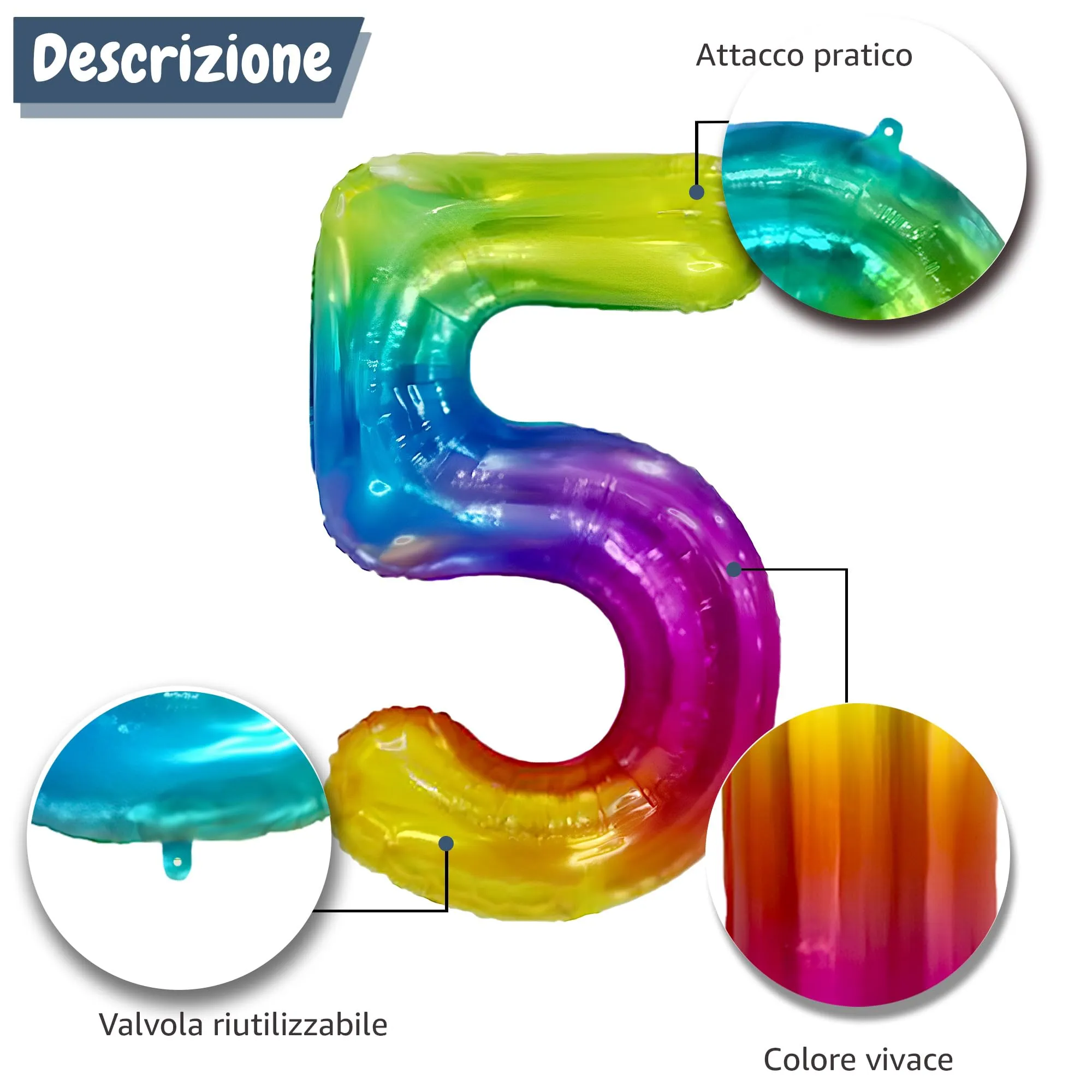FUNFEST Palloncino Numero 5 Arcobaleno Gigante 100cm - immagine 6