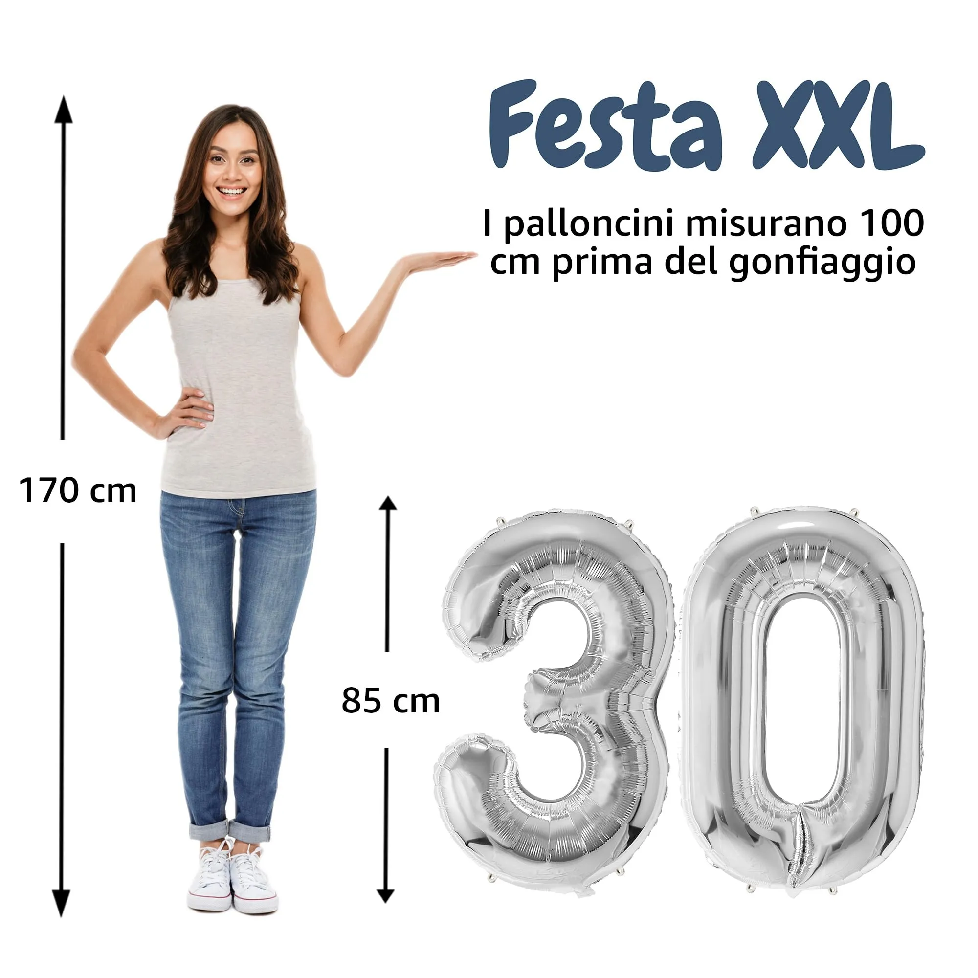 FUNFEST Palloncini 30° Compleanno Argento Giganti 100cm - immagine 2