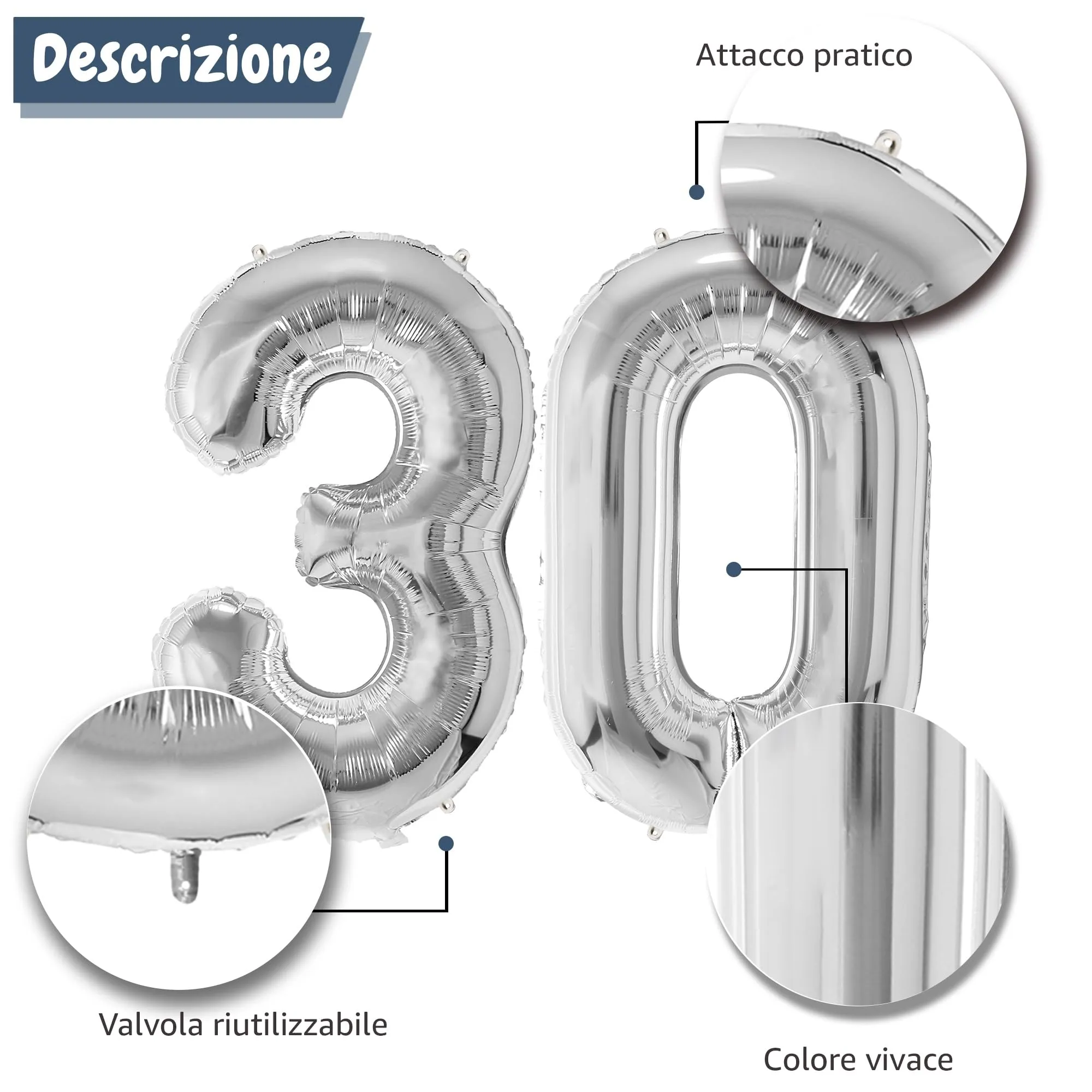 FUNFEST Palloncini 30° Compleanno Argento Giganti 100cm - immagine 6