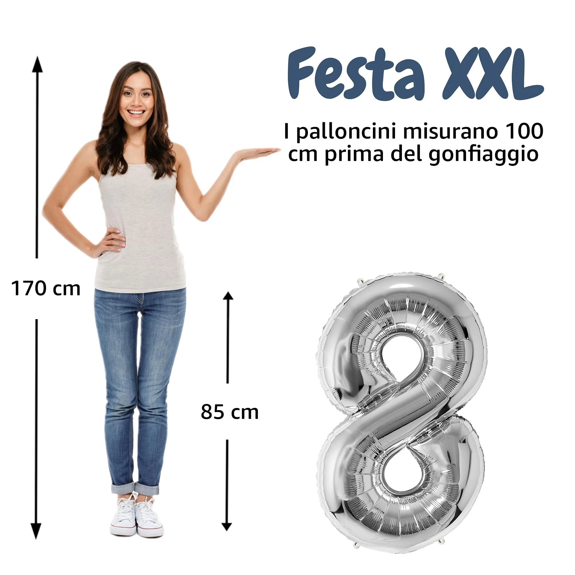 FUNFEST Palloncino Numero 8 Argento 100cm – Decorazione Compleanno Metallizzata – Elio o Aria - immagine 2