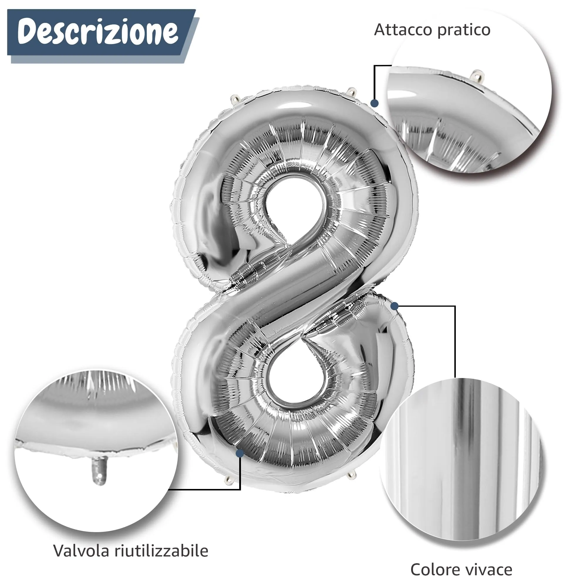 FUNFEST Palloncino Numero 8 Argento 100cm – Decorazione Compleanno Metallizzata – Elio o Aria - immagine 6