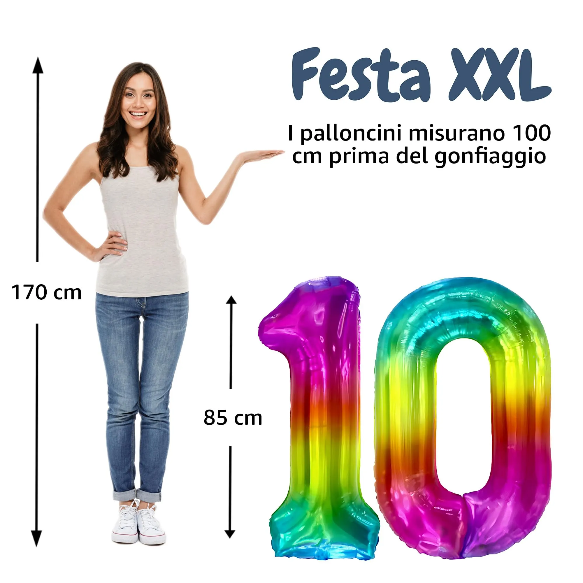 FUNFEST Palloncini 10° Compleanno Arcobaleno Giganti 100cm - immagine 2
