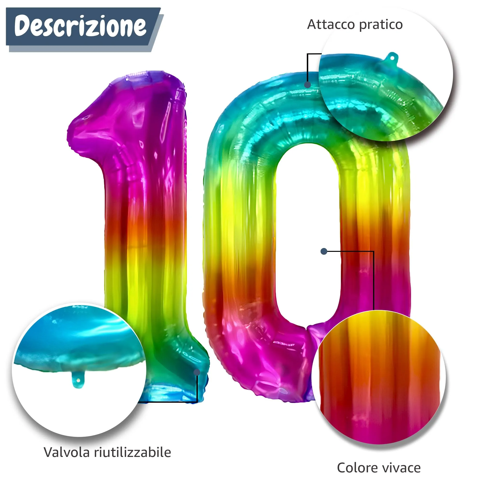 FUNFEST Palloncini 10° Compleanno Arcobaleno Giganti 100cm - immagine 6