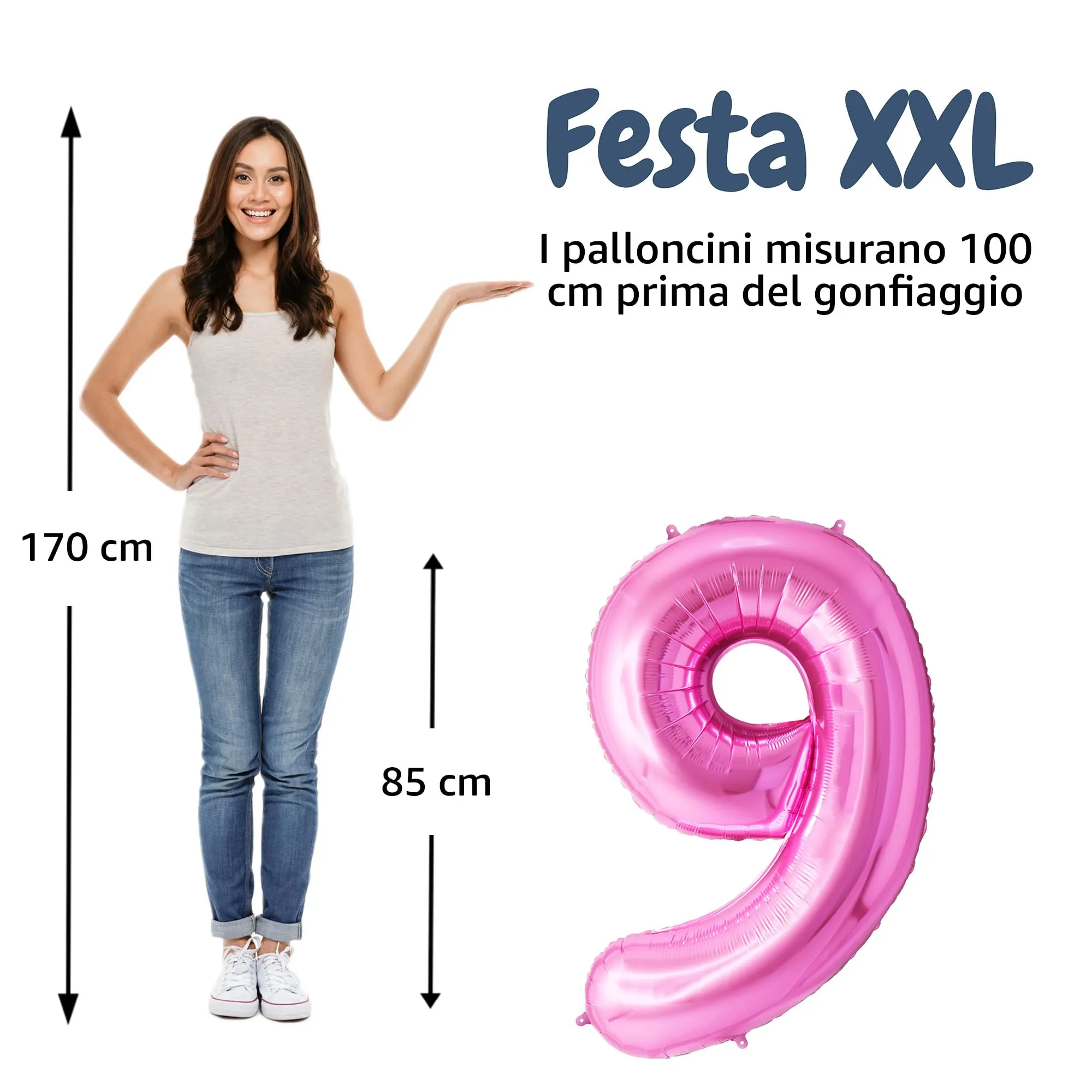 FUNFEST Palloncino Numero 9 Rosa 100cm – Decorazione Compleanno Ragazza – Elio o Aria - immagine 2