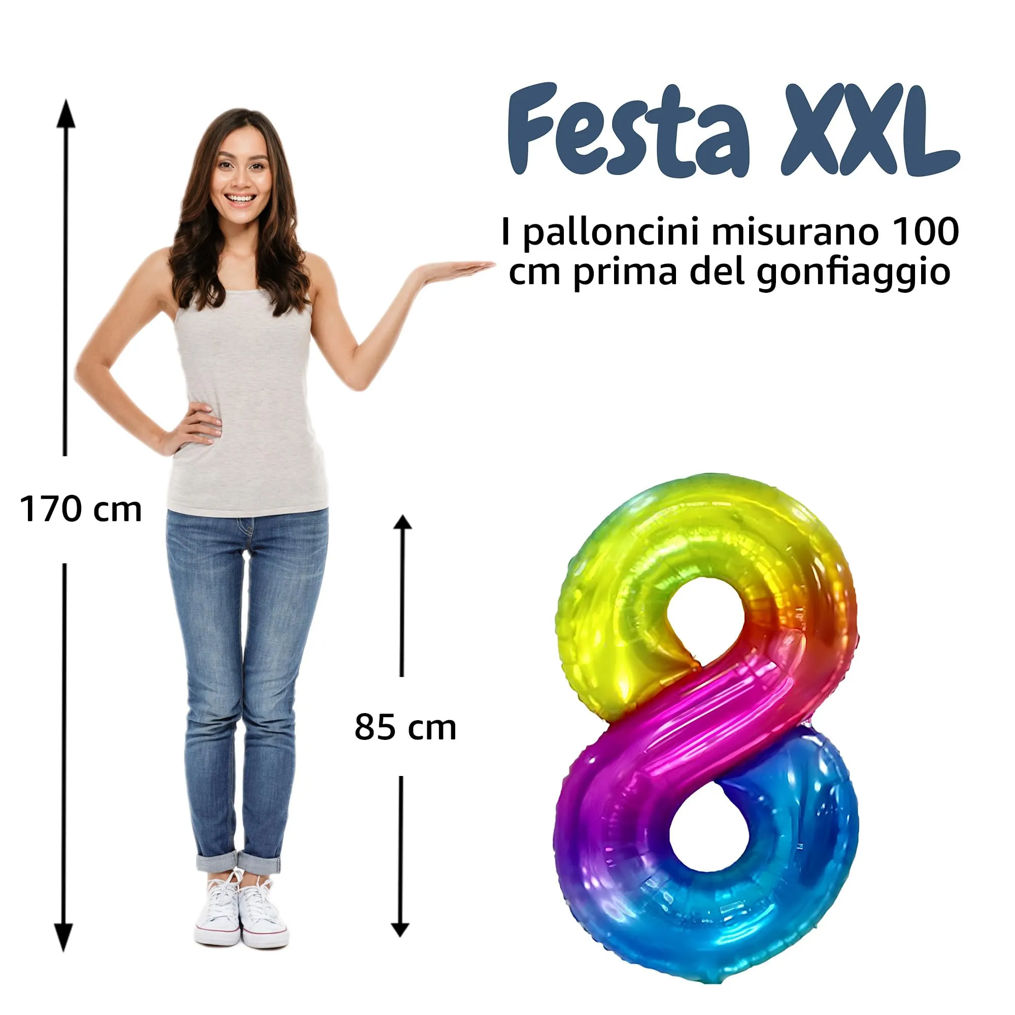 FUNFEST Palloncino Numero 8 Arcobaleno 100cm – Decorazione Compleanno Gigante – Elio o Aria - immagine 2