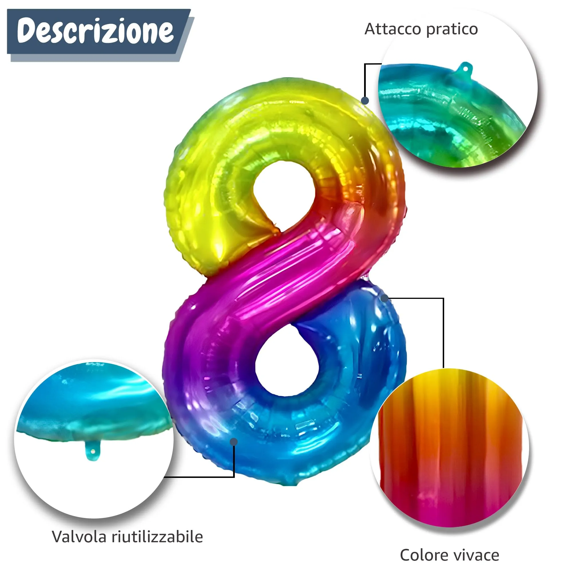 FUNFEST Palloncino Numero 8 Arcobaleno 100cm – Decorazione Compleanno Gigante – Elio o Aria - immagine 6