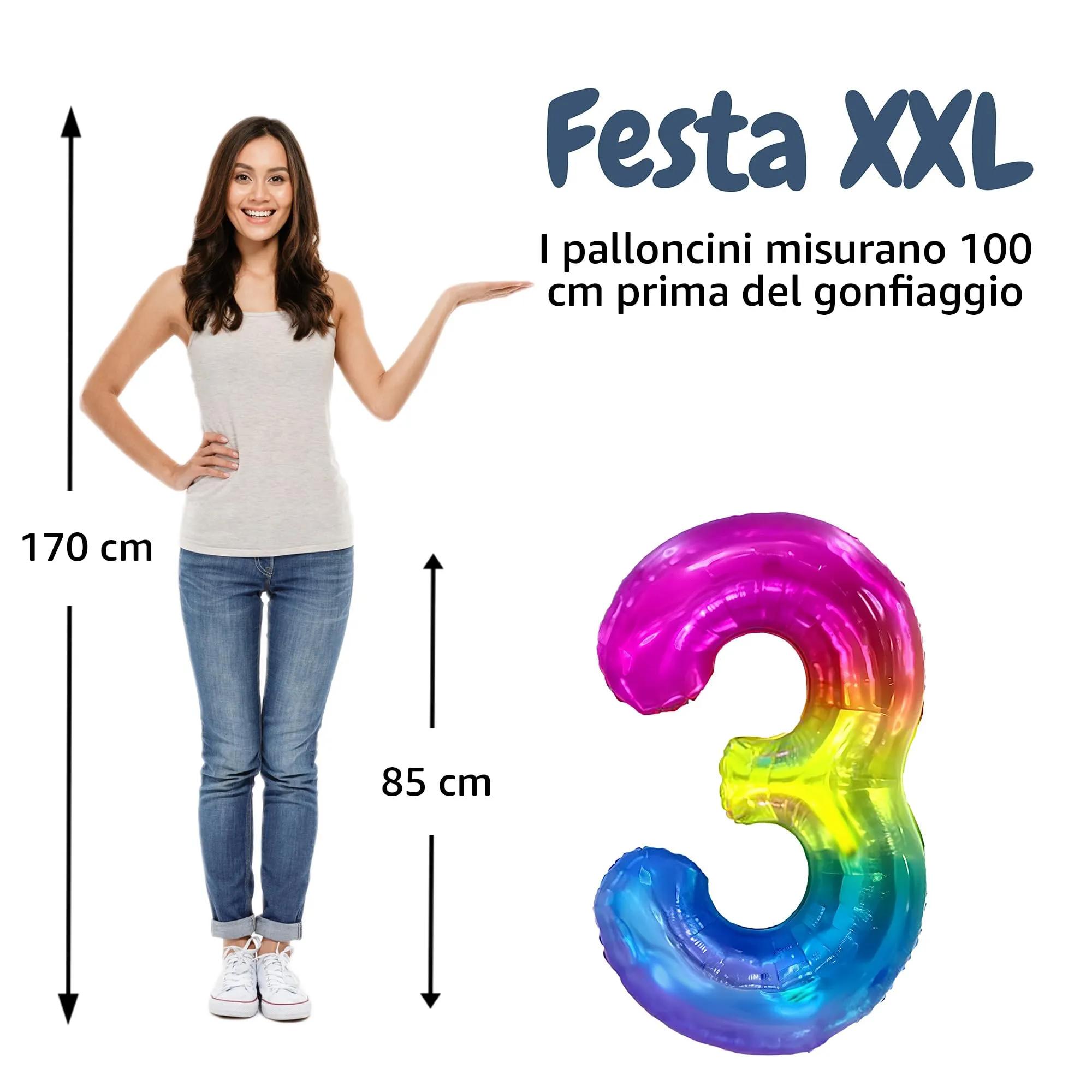 FUNFEST Palloncino Numero 3 Arcobaleno Gigante 100cm - immagine 2