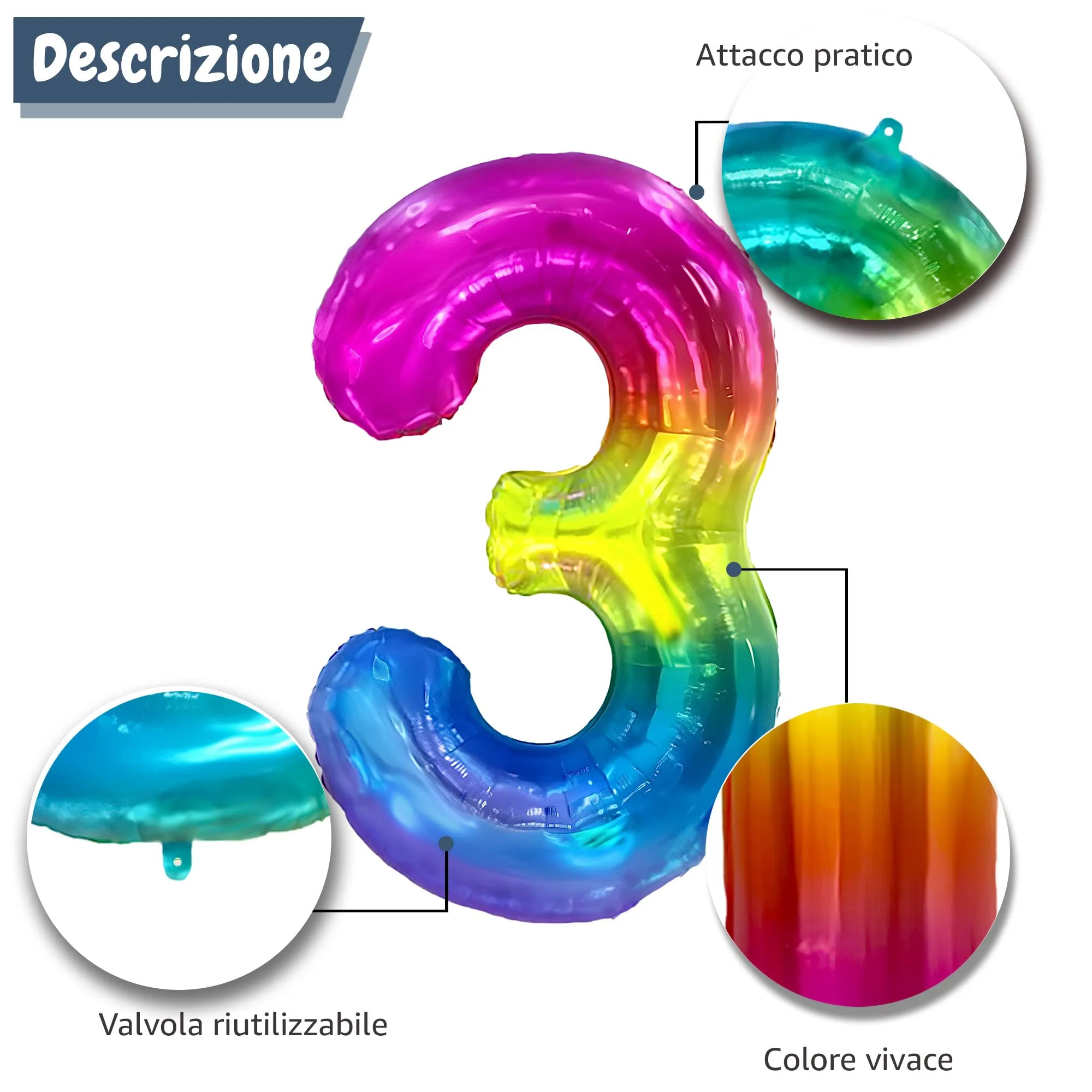 FUNFEST Palloncino Numero 3 Arcobaleno Gigante 100cm - immagine 6