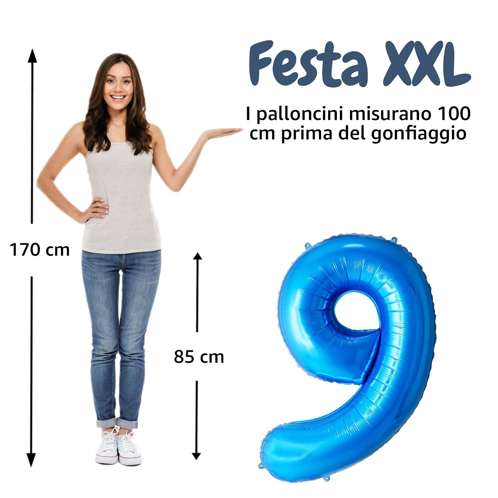 FUNFEST Palloncino Numero 9 Blu 100cm – Decorazione Compleanno Ragazzo – Elio o Aria - immagine 2