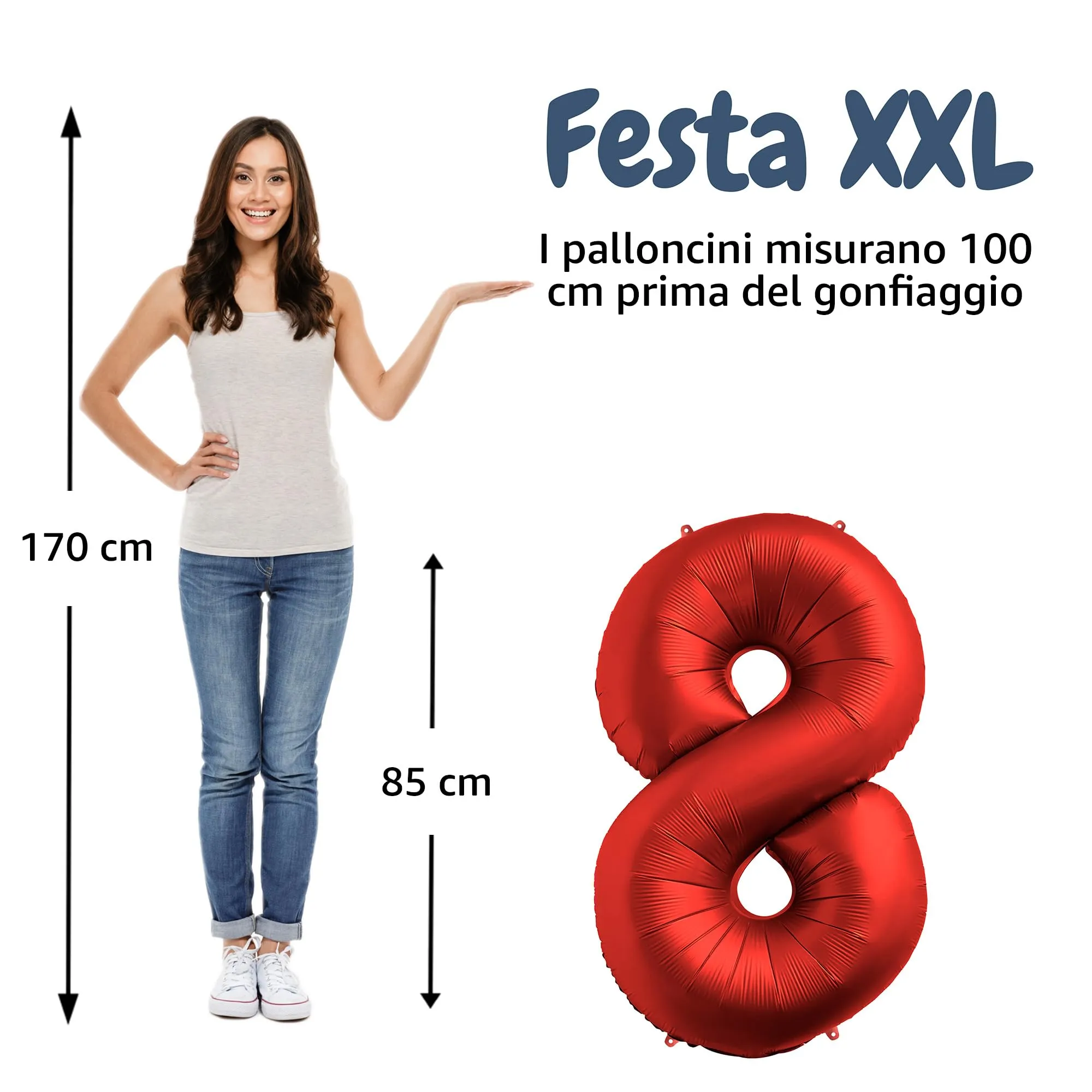 FUNFEST Palloncino Numero 8 Rosso 100cm – Decorazione Compleanno Radiosa – Elio o Aria - immagine 2