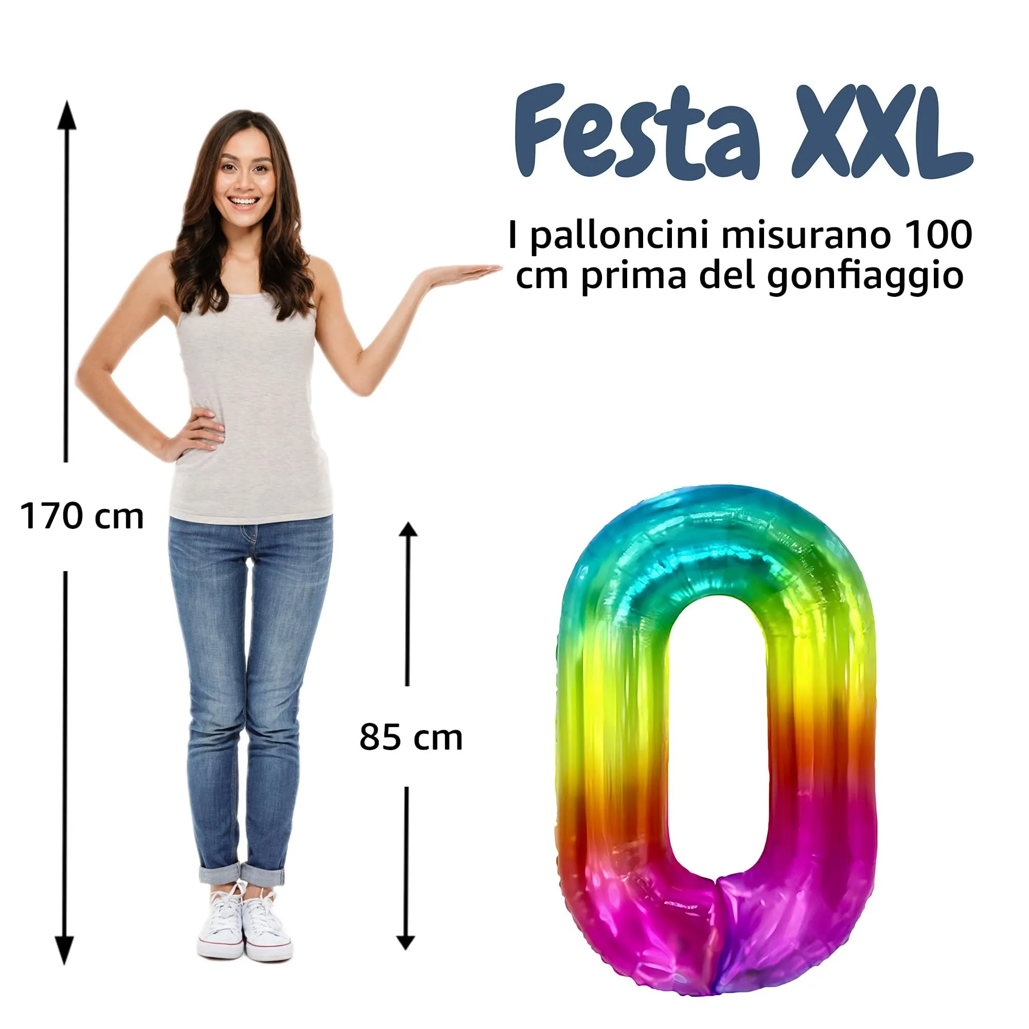 FUNFEST Palloncino Numero 0 Arcobaleno Gigante 100cm - immagine 2