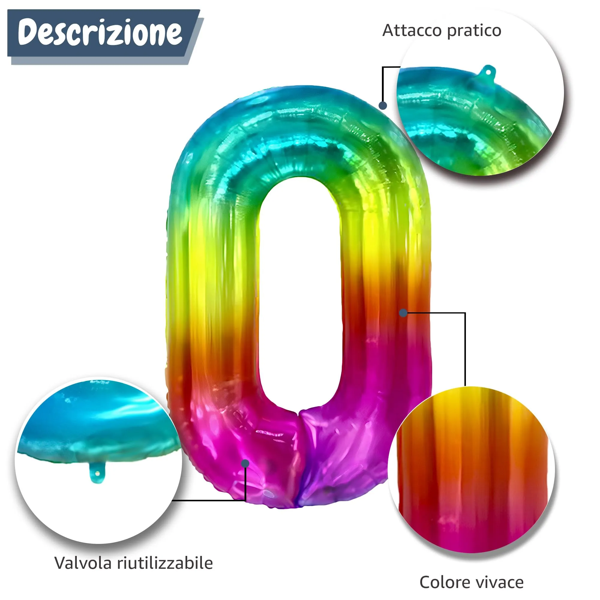 FUNFEST Palloncino Numero 0 Arcobaleno Gigante 100cm - immagine 6