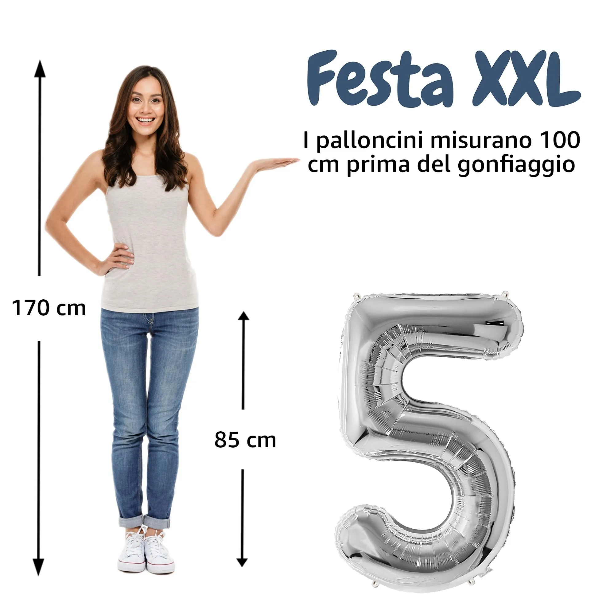 FUNFEST Palloncino Numero 5 Argento Metallizzato 100cm - immagine 2