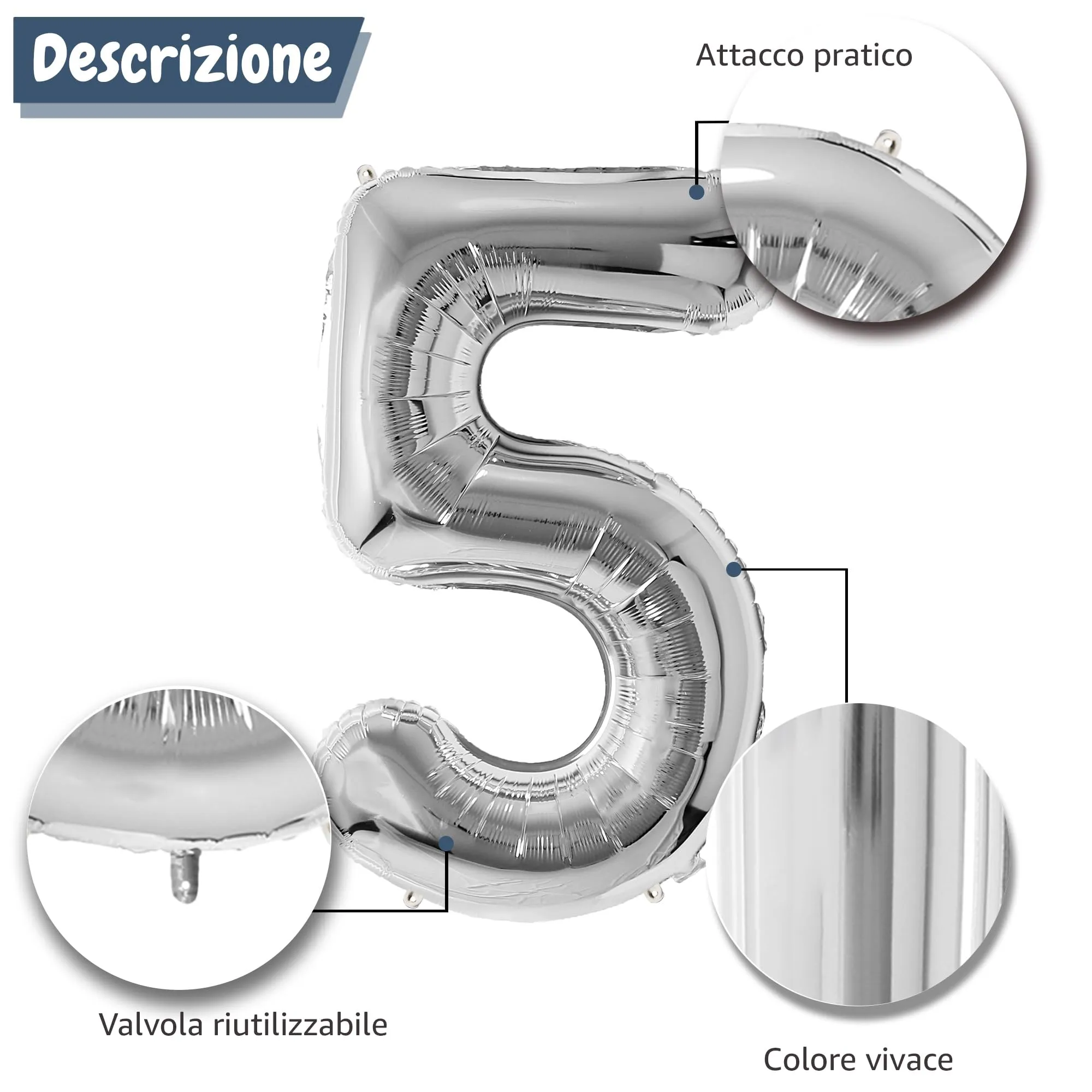 FUNFEST Palloncino Numero 5 Argento Metallizzato 100cm - immagine 6