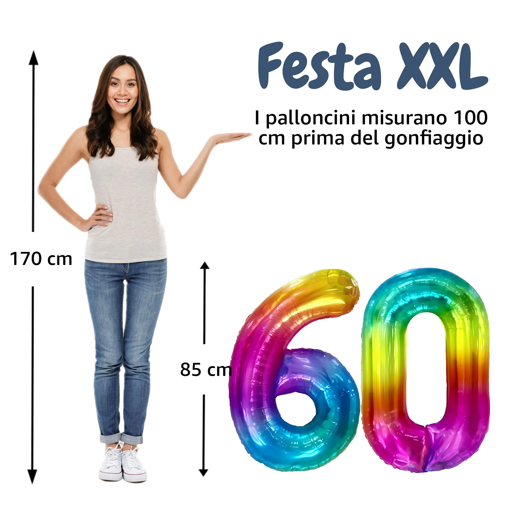 FUNFEST Palloncini 60° Compleanno Arcobaleno Giganti 100cm - immagine 2