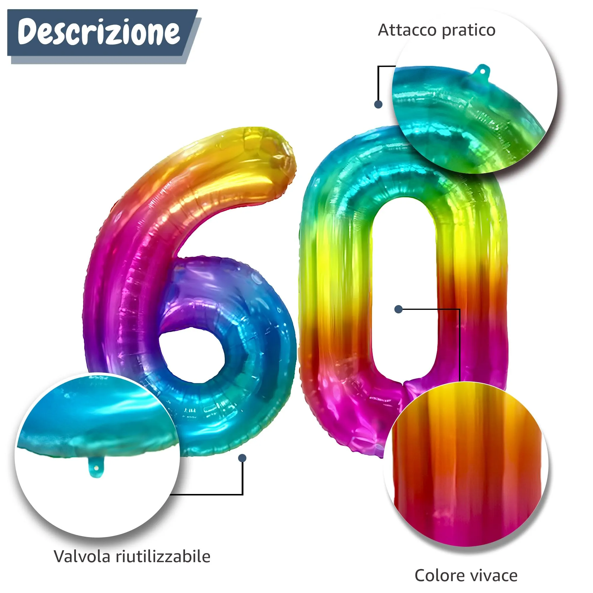 FUNFEST Palloncini 60° Compleanno Arcobaleno Giganti 100cm - immagine 6