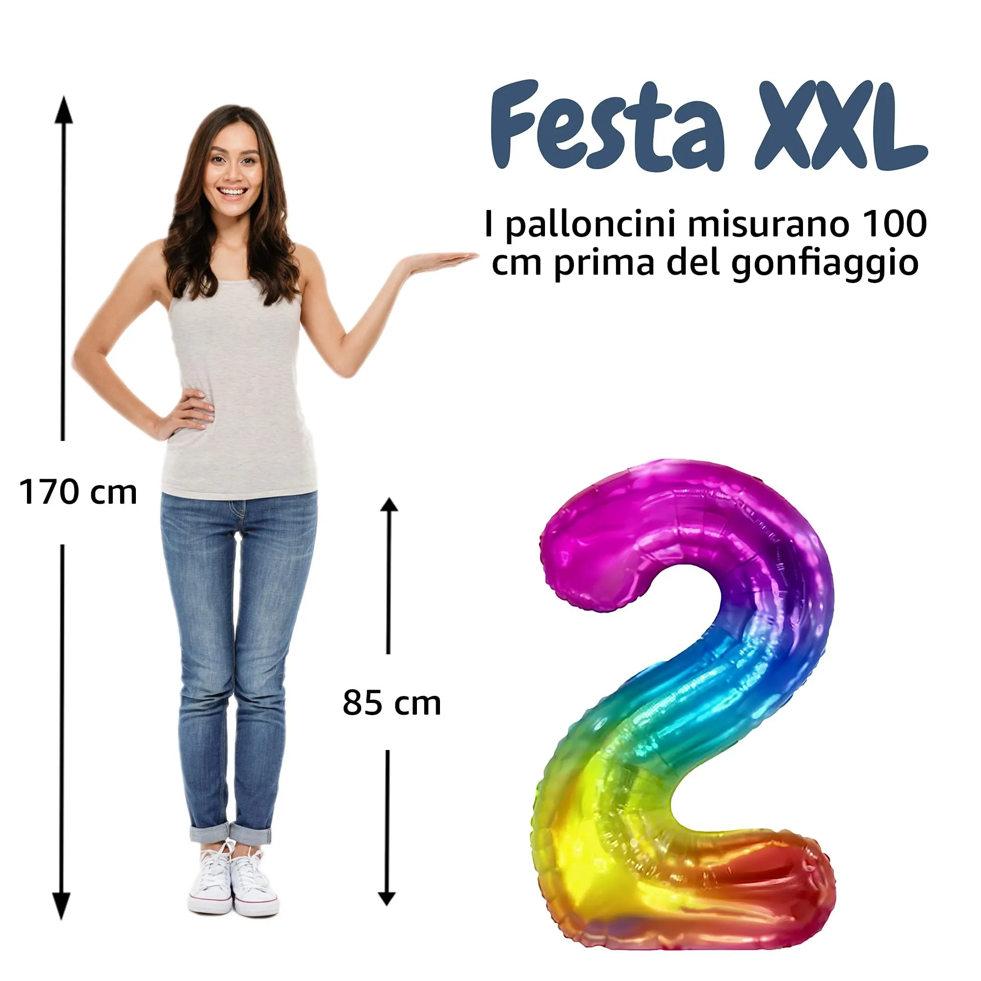 FUNFEST Palloncino Numero 2 Arcobaleno Gigante 100cm - immagine 2