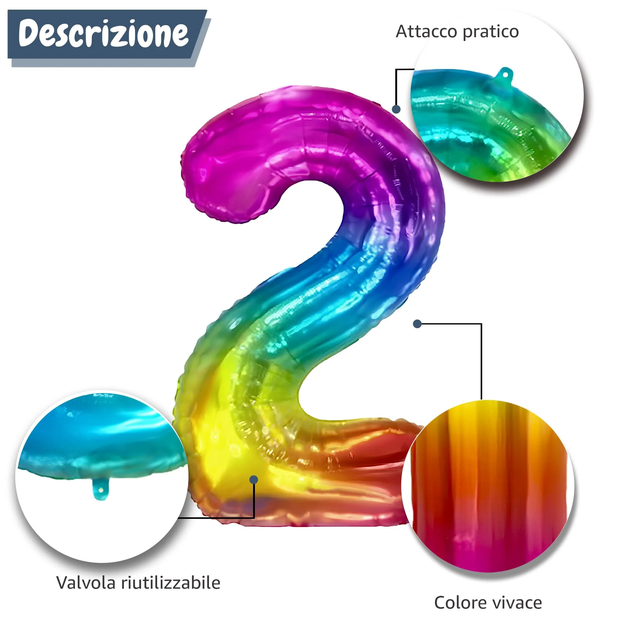 FUNFEST Palloncino Numero 2 Arcobaleno Gigante 100cm - immagine 6