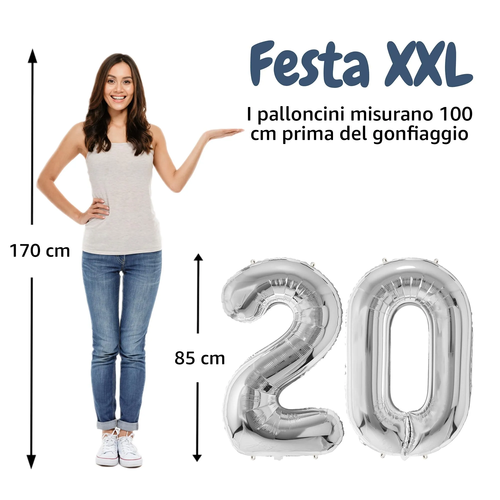 FUNFEST Palloncini 20° Compleanno Argento Giganti 100cm - immagine 2