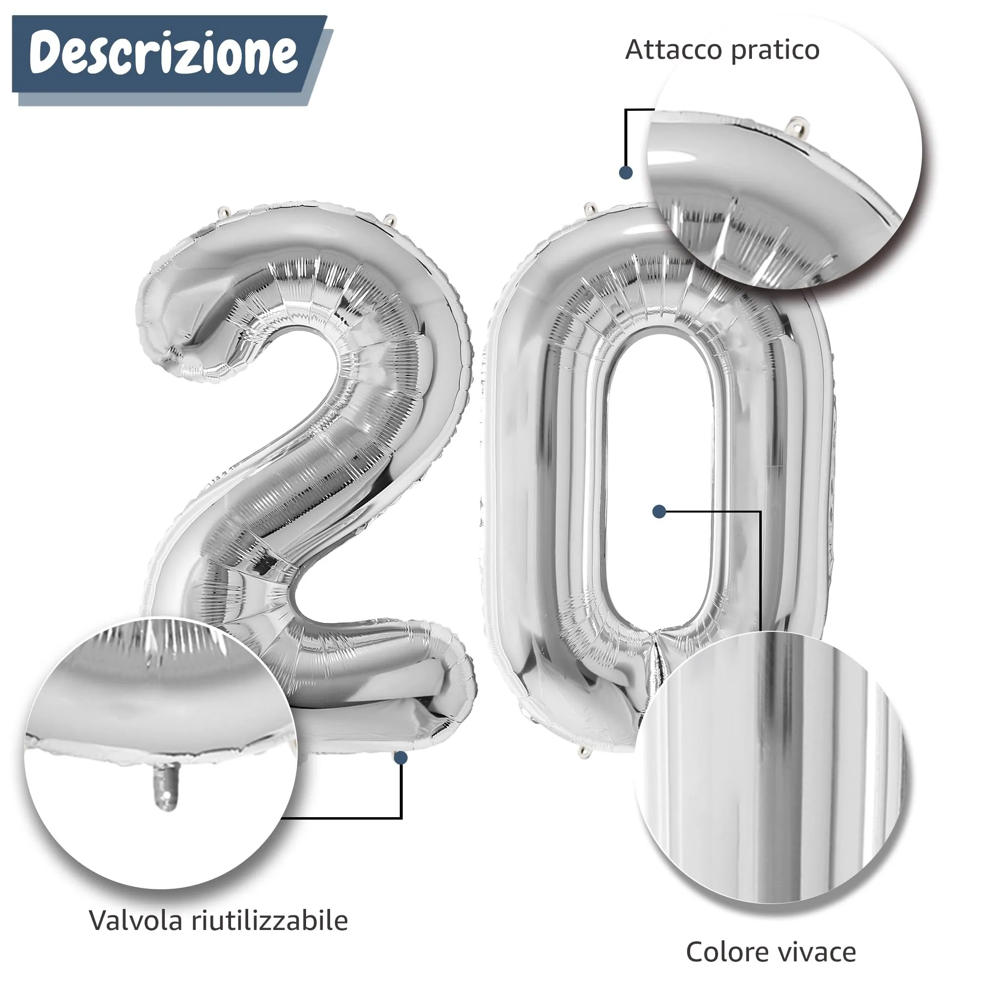 FUNFEST Palloncini 20° Compleanno Argento Giganti 100cm - immagine 6