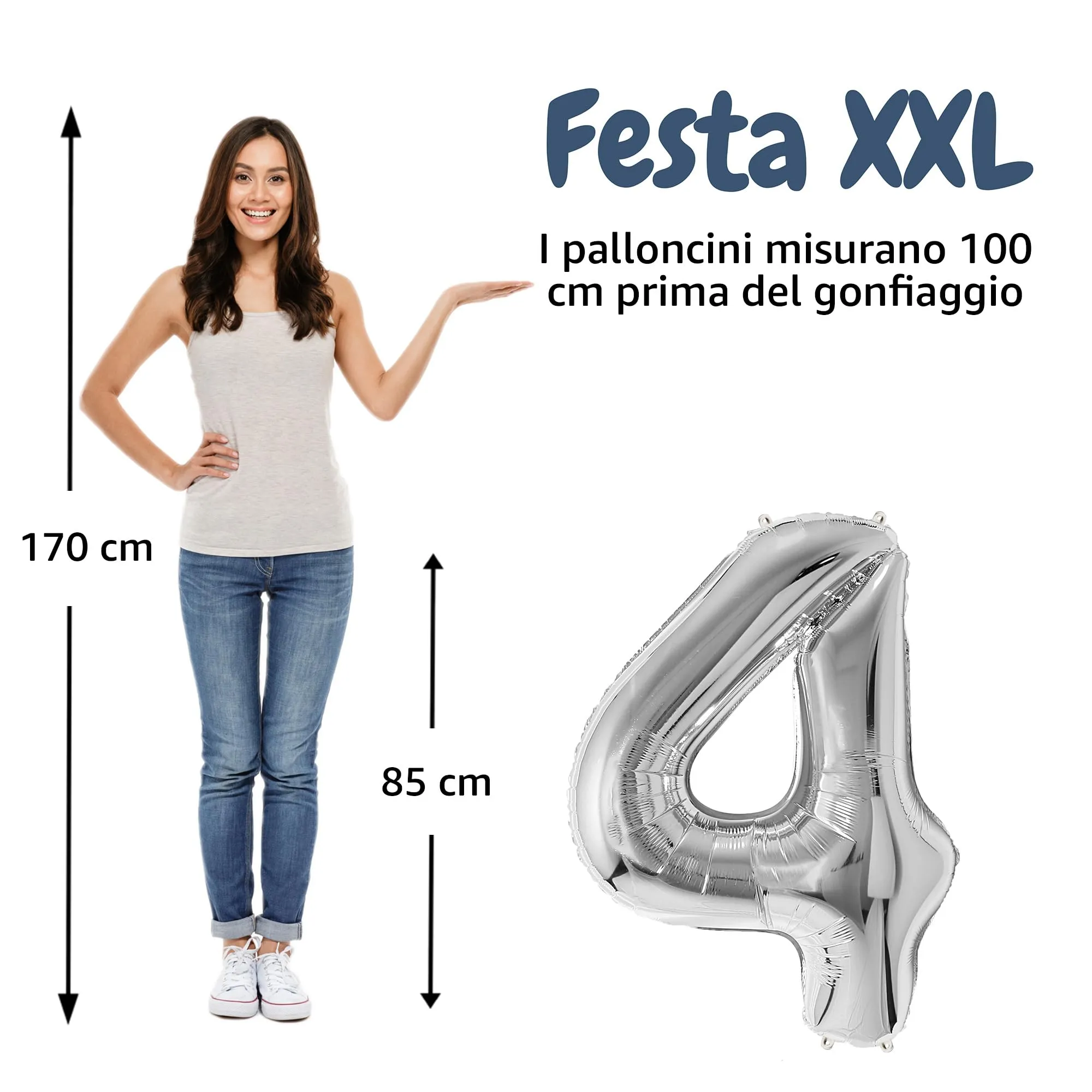 FUNFEST Palloncino Numero 4 Argento Metallizzato 100cm - immagine 2